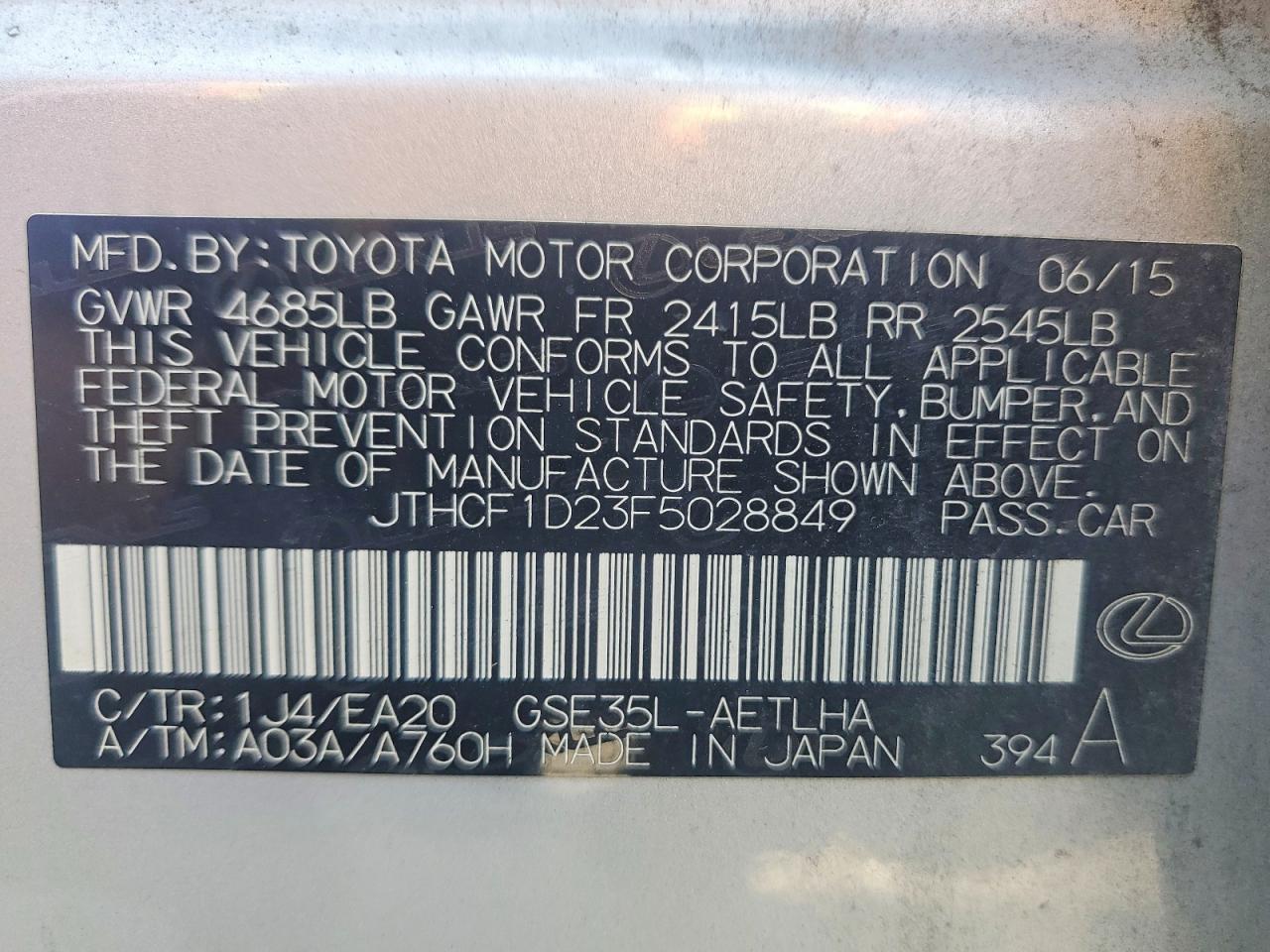2015 Lexus Is 250 Серебряный vin: JTHCF1D23F5028849
