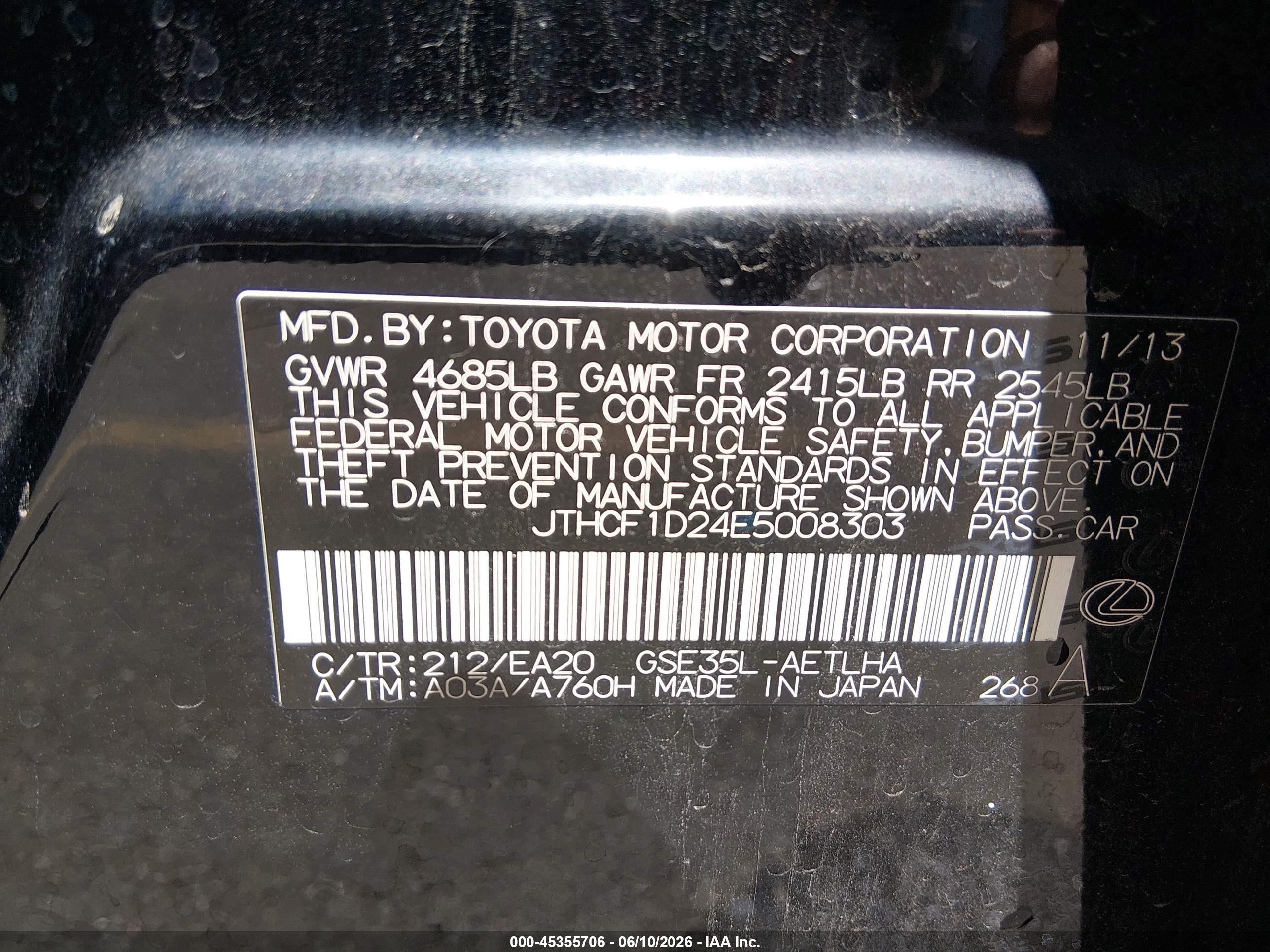 2014 Lexus Is 250   Black vin: JTHCF1D24E5008303