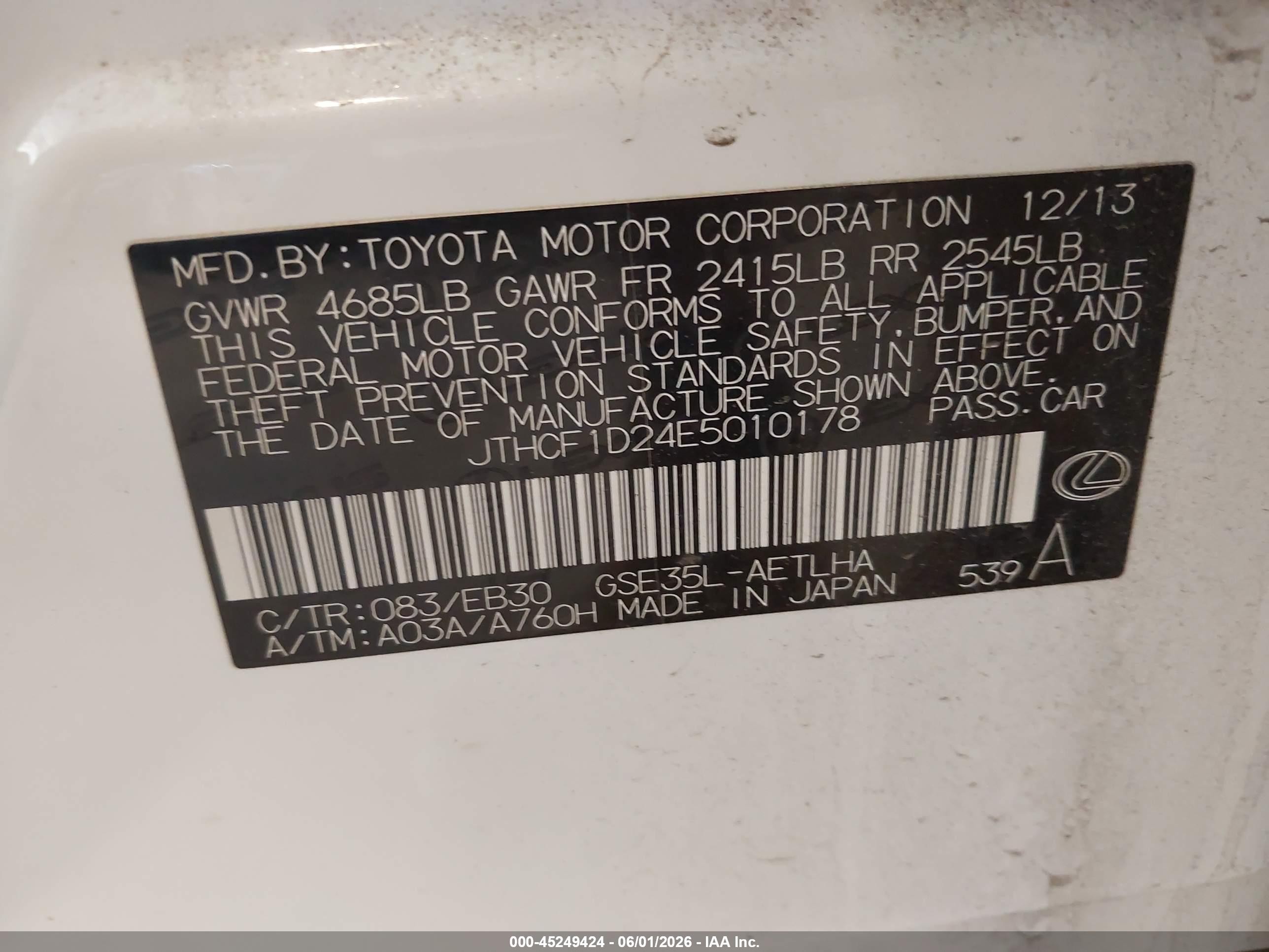 2014 Lexus Is 250   White vin: JTHCF1D24E5010178