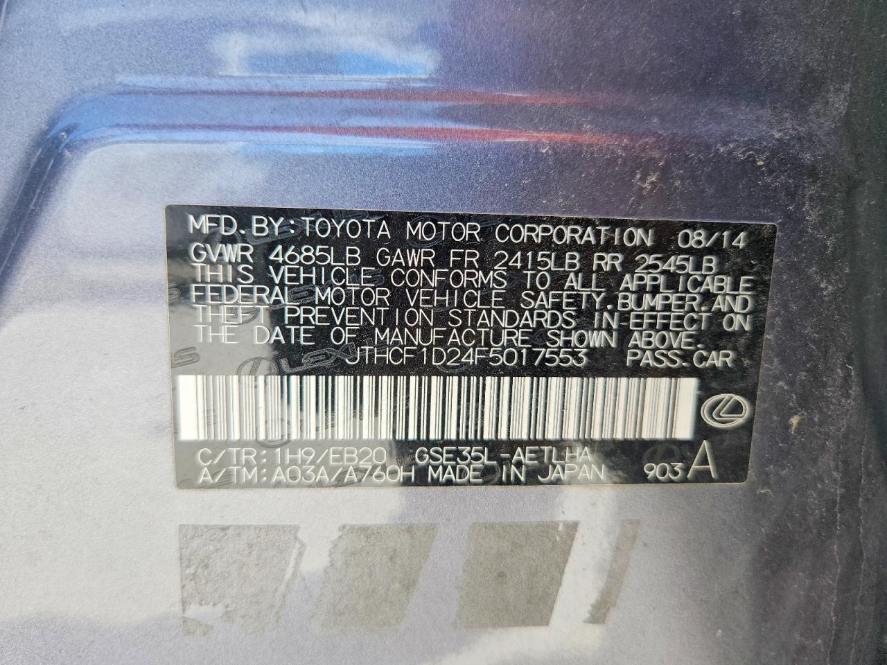 2015 Lexus Is 250 Gray vin: JTHCF1D24F5017553