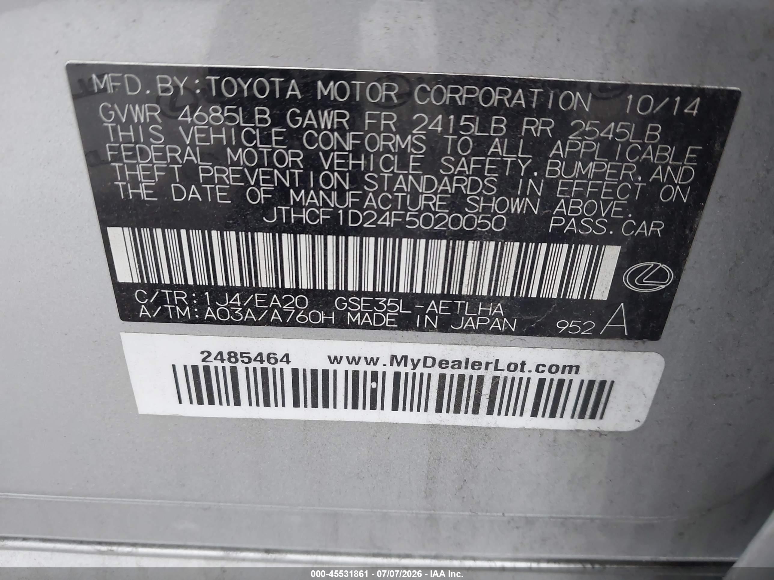 2015 Lexus Is 250   Silver vin: JTHCF1D24F5020050