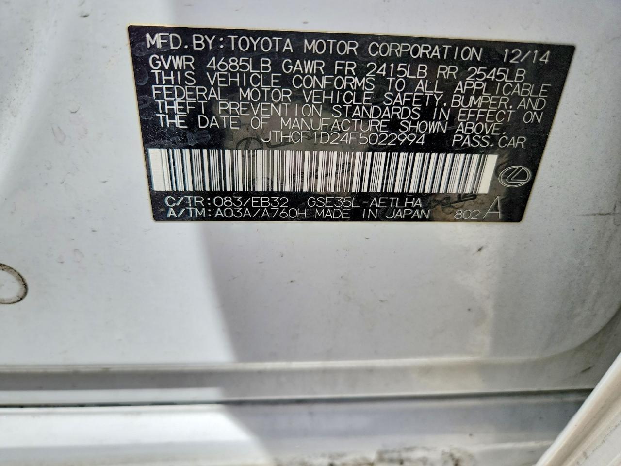 2015 Lexus Is 250 White vin: JTHCF1D24F5022994