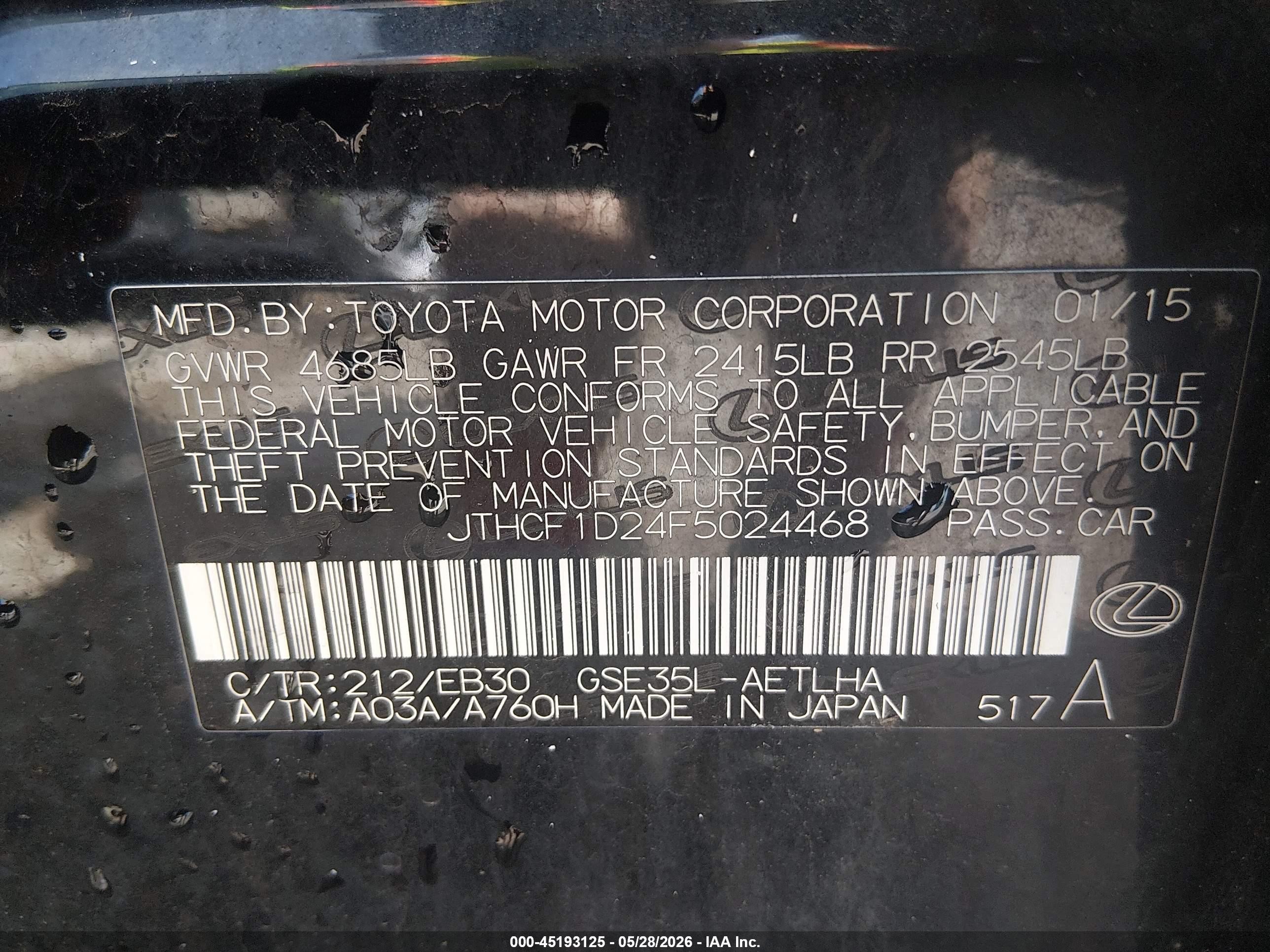 2015 Lexus Is 250   Black vin: JTHCF1D24F5024468