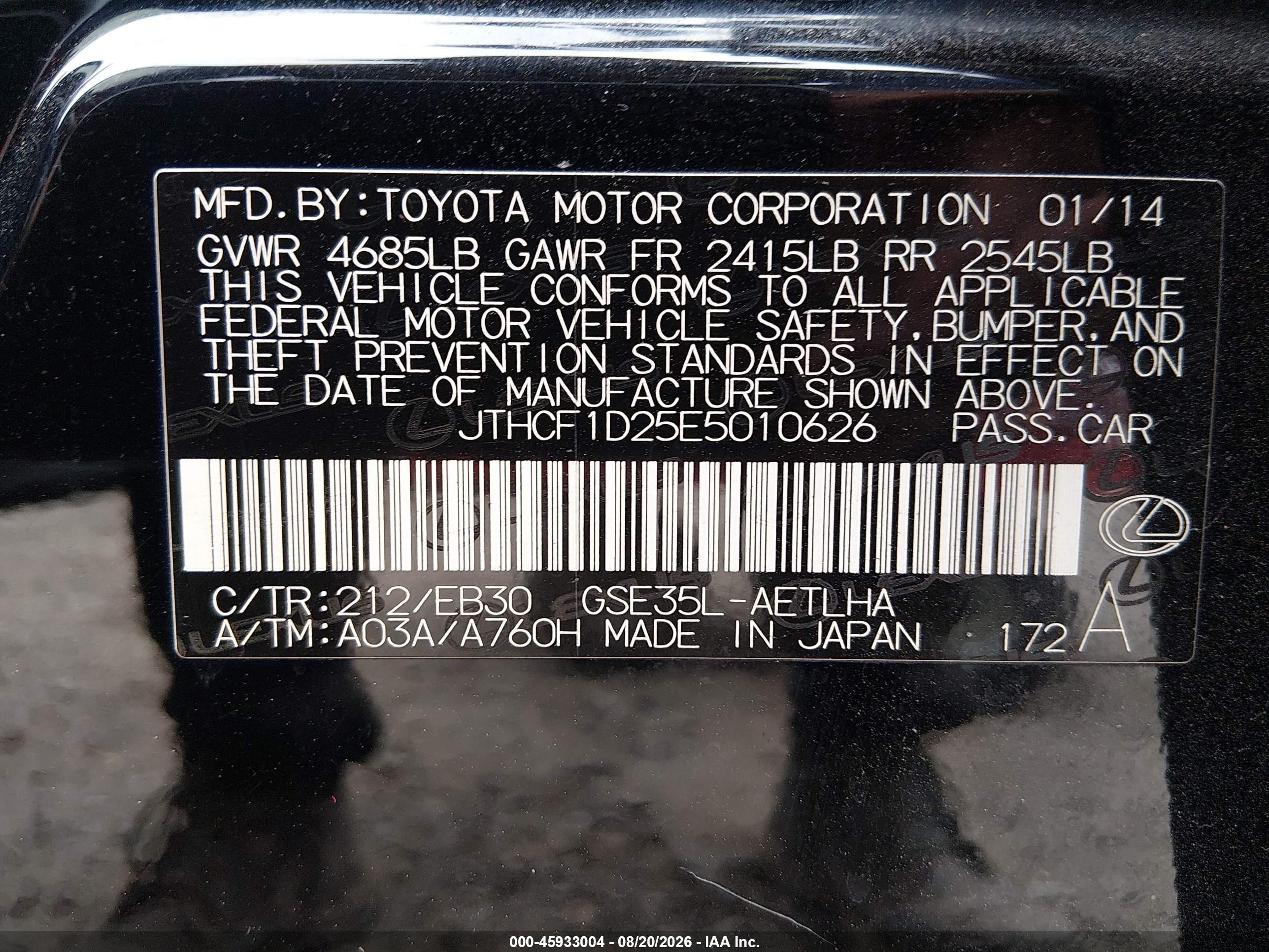 2014 Lexus Is 250   Black vin: JTHCF1D25E5010626