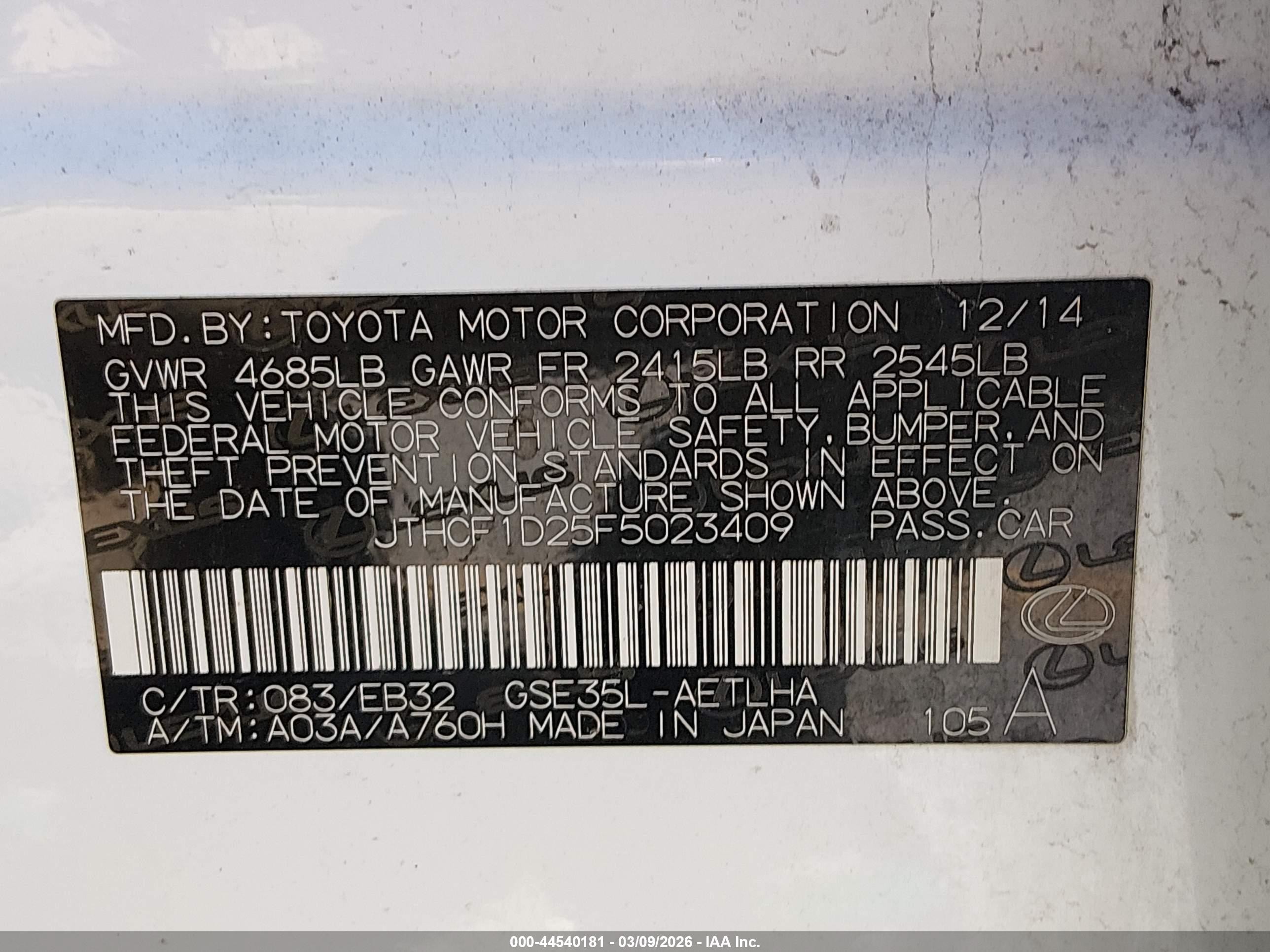 2015 Lexus Is 250 Crafted Line White vin: JTHCF1D25F5023409