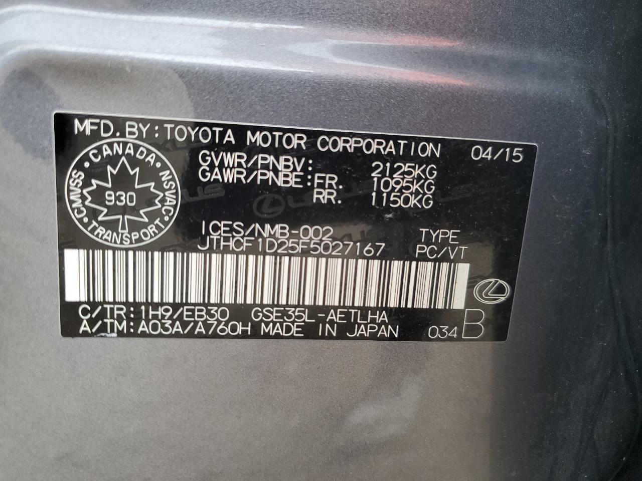 2015 Lexus Is 250 Charcoal vin: JTHCF1D25F5027167