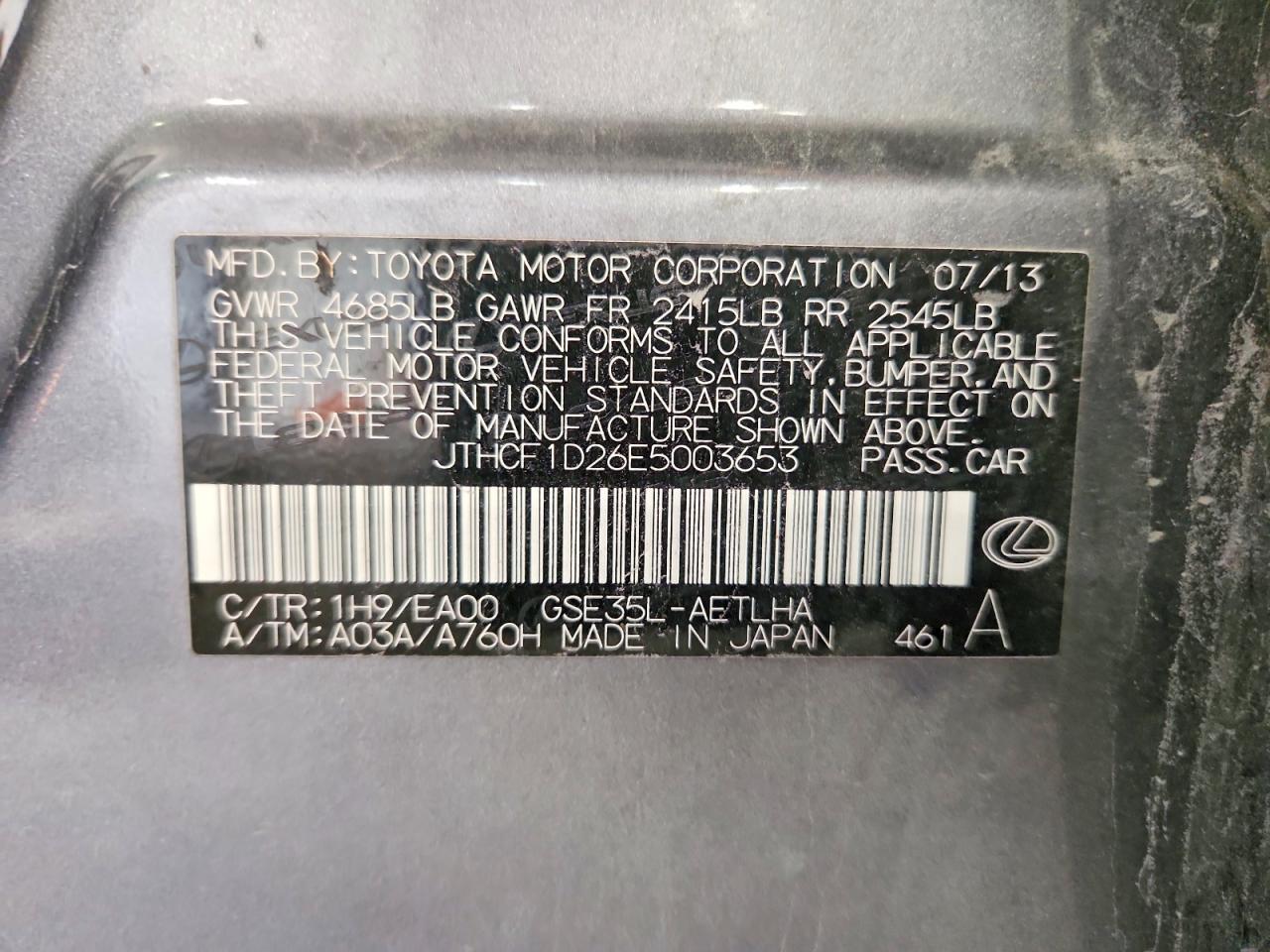 2014 Lexus Is 250 Charcoal vin: JTHCF1D26E5003653