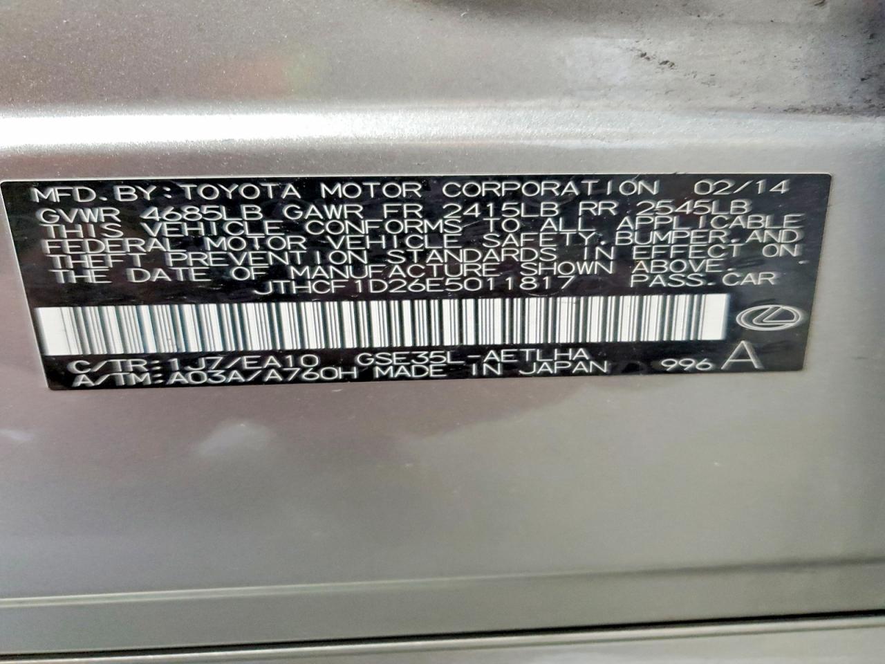 2014 Lexus Is 250 Base Silver vin: JTHCF1D26E5011817