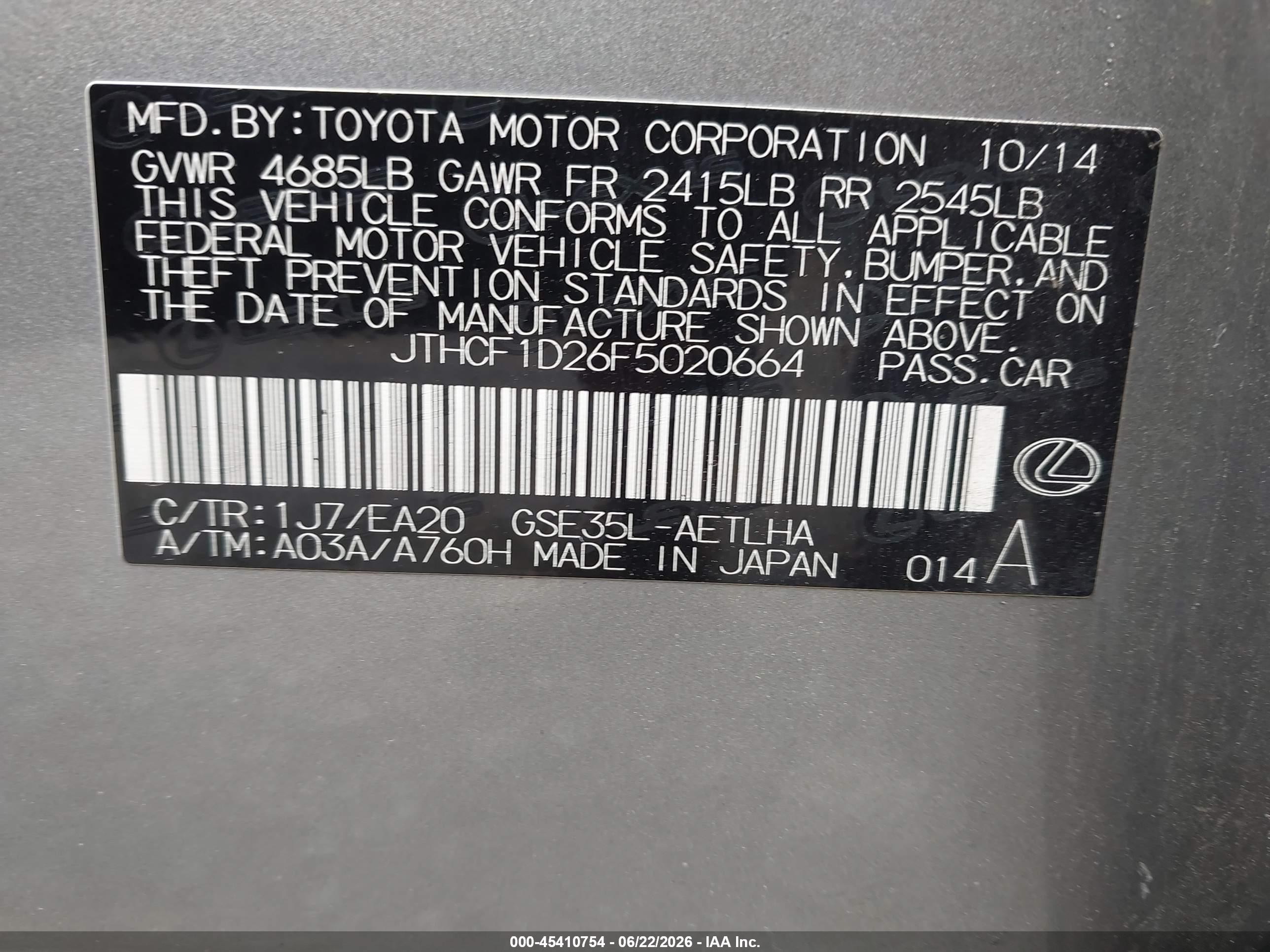 2015 Lexus Is 250 Silver vin: JTHCF1D26F5020664