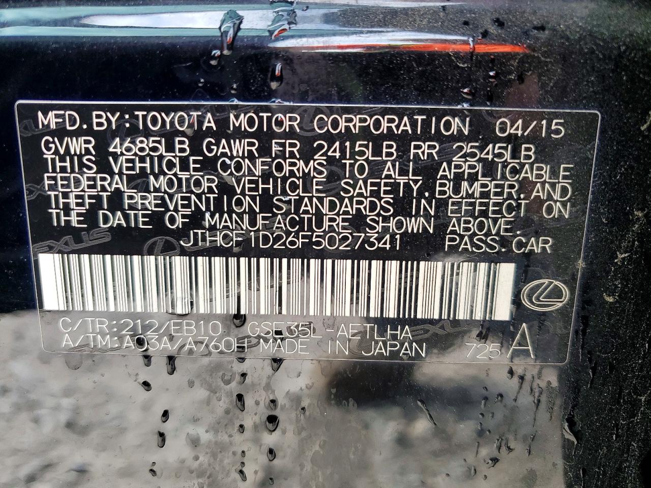 2015 Lexus Is 250 Black vin: JTHCF1D26F5027341