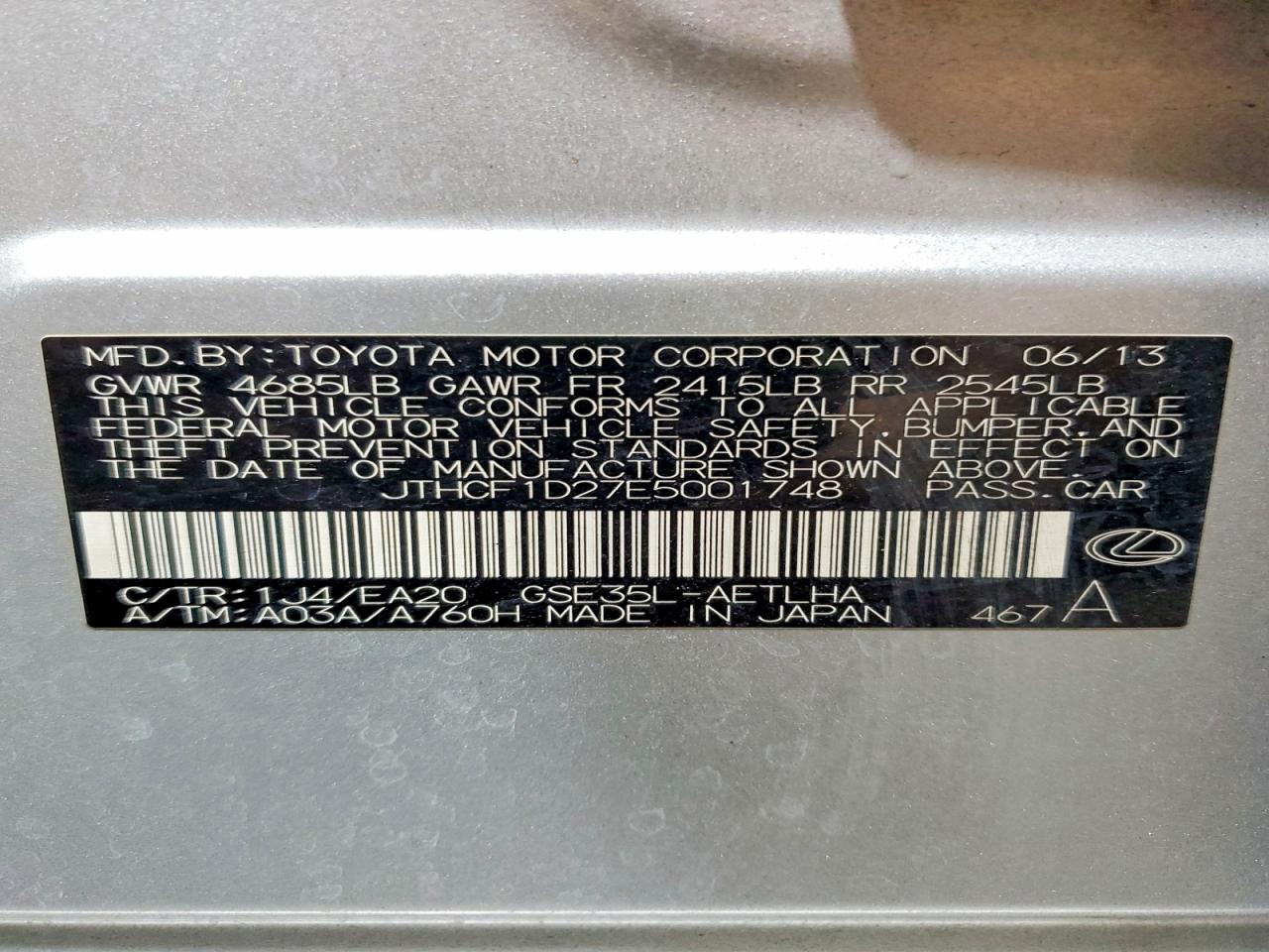 2014 Lexus Is 250 Silver vin: JTHCF1D27E5001748