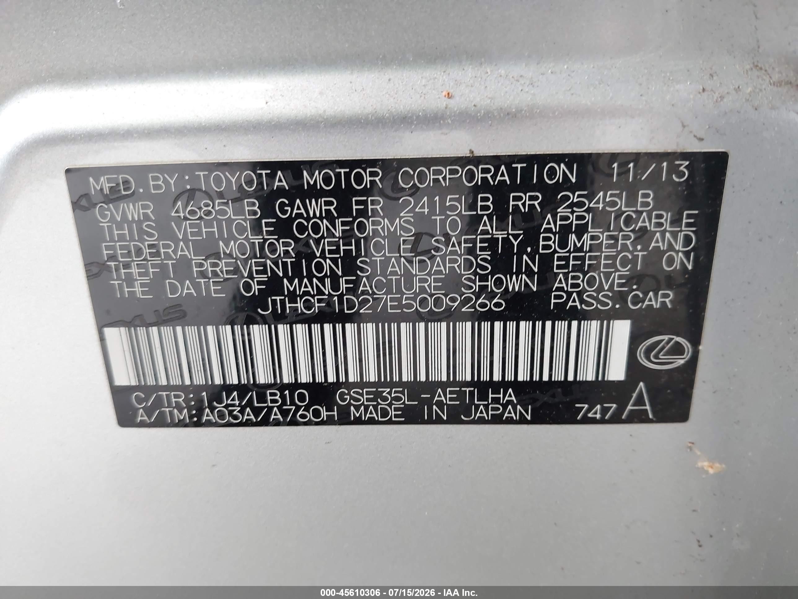 2014 Lexus Is 250   Silver vin: JTHCF1D27E5009266