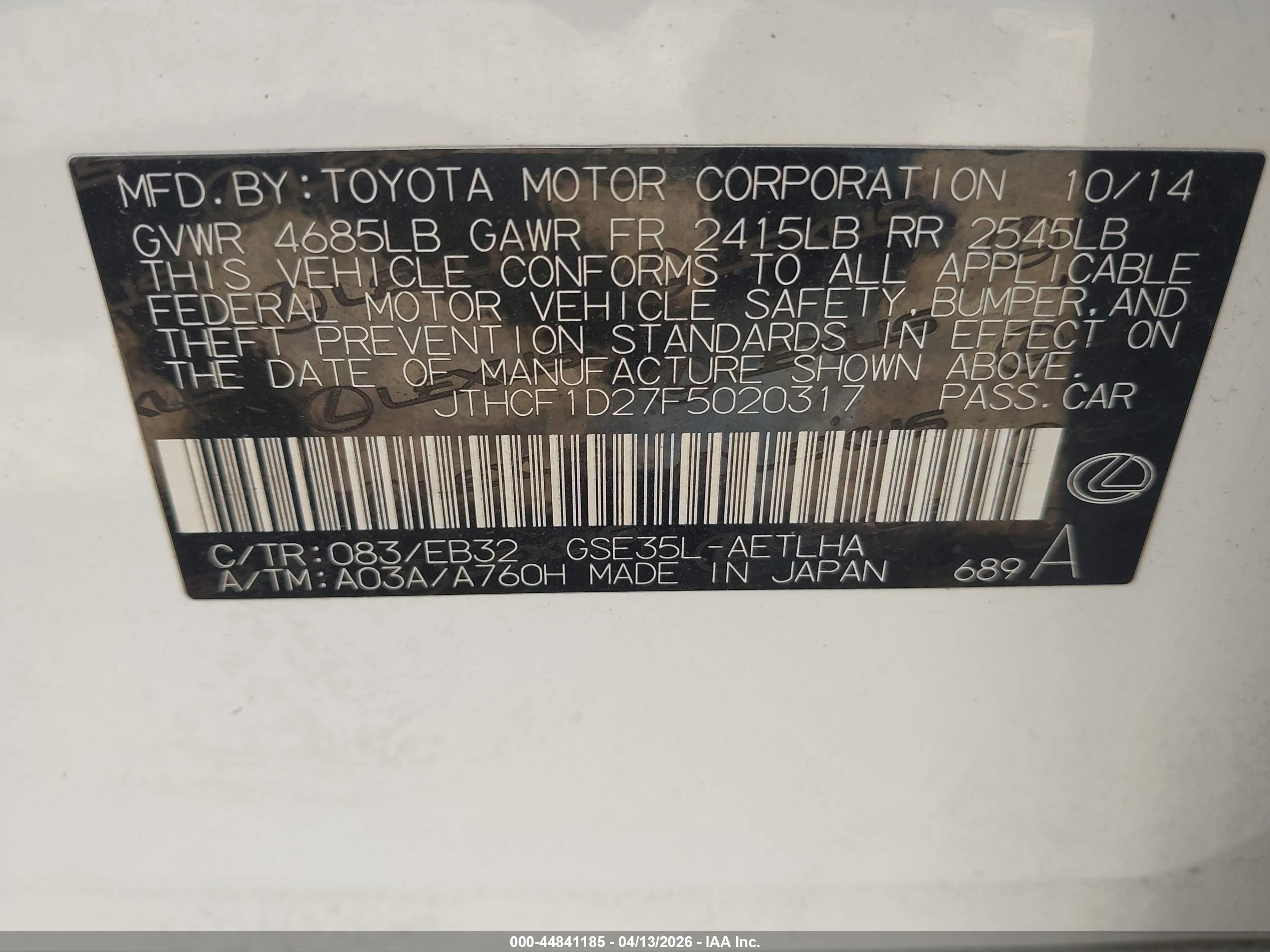 2015 Lexus Is 250 Crafted Line White vin: JTHCF1D27F5020317