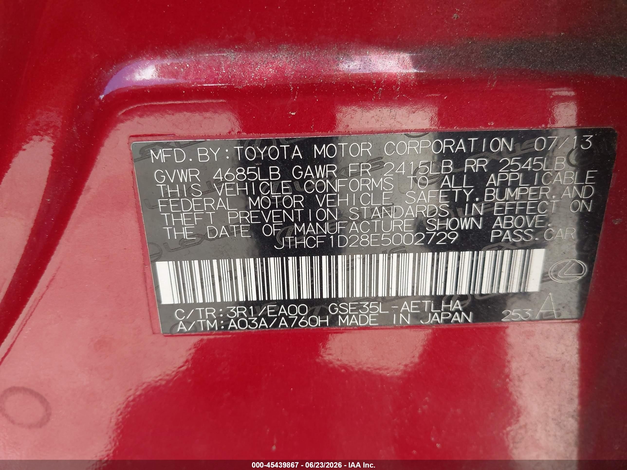 2014 Lexus Is 250   Red vin: JTHCF1D28E5002729