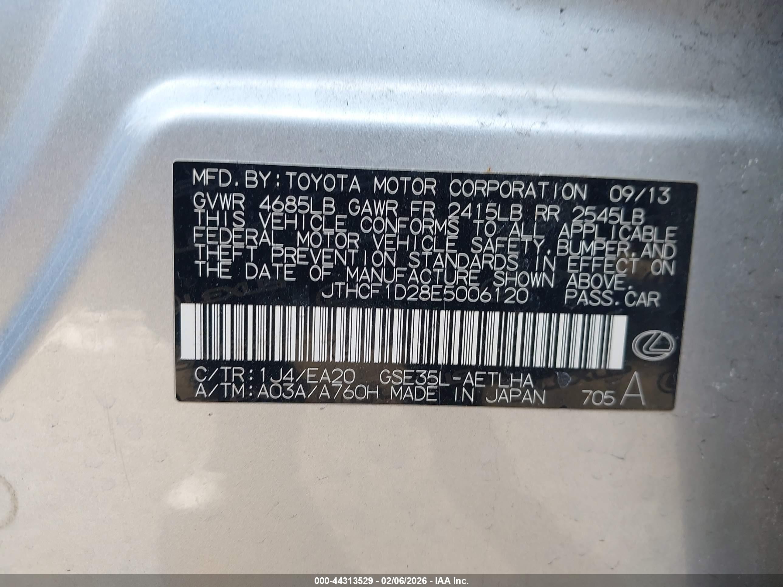 2014 Lexus Is 250   Silver vin: JTHCF1D28E5006120