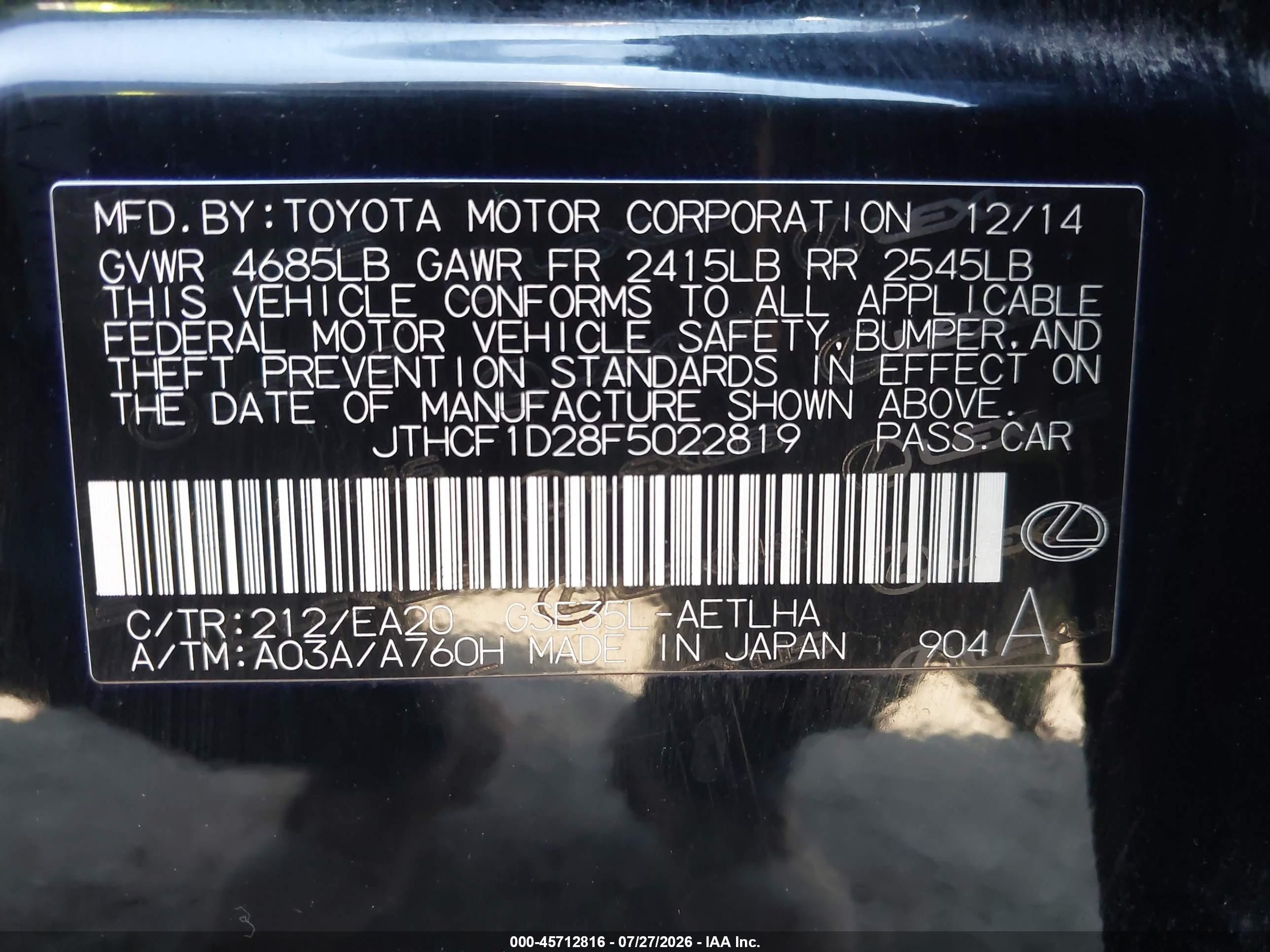 2015 Lexus Is 250   Black vin: JTHCF1D28F5022819