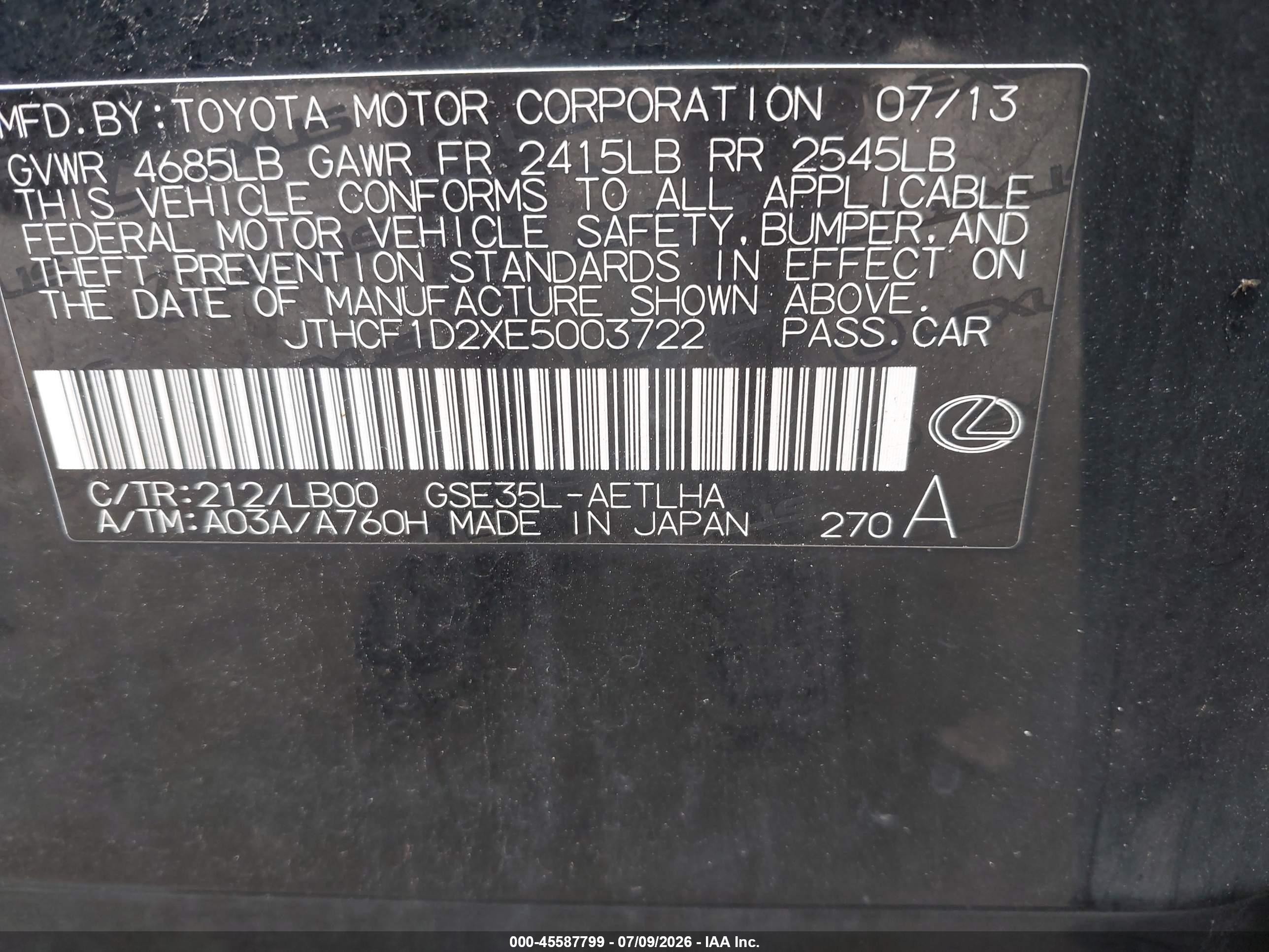 2014 Lexus Is 250   Black vin: JTHCF1D2XE5003722