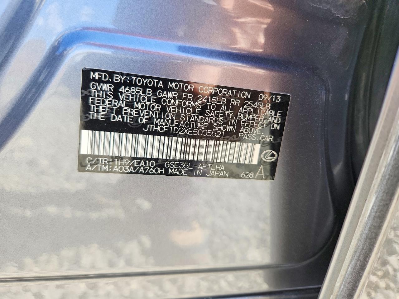 2014 Lexus Is 250 Charcoal vin: JTHCF1D2XE5005521
