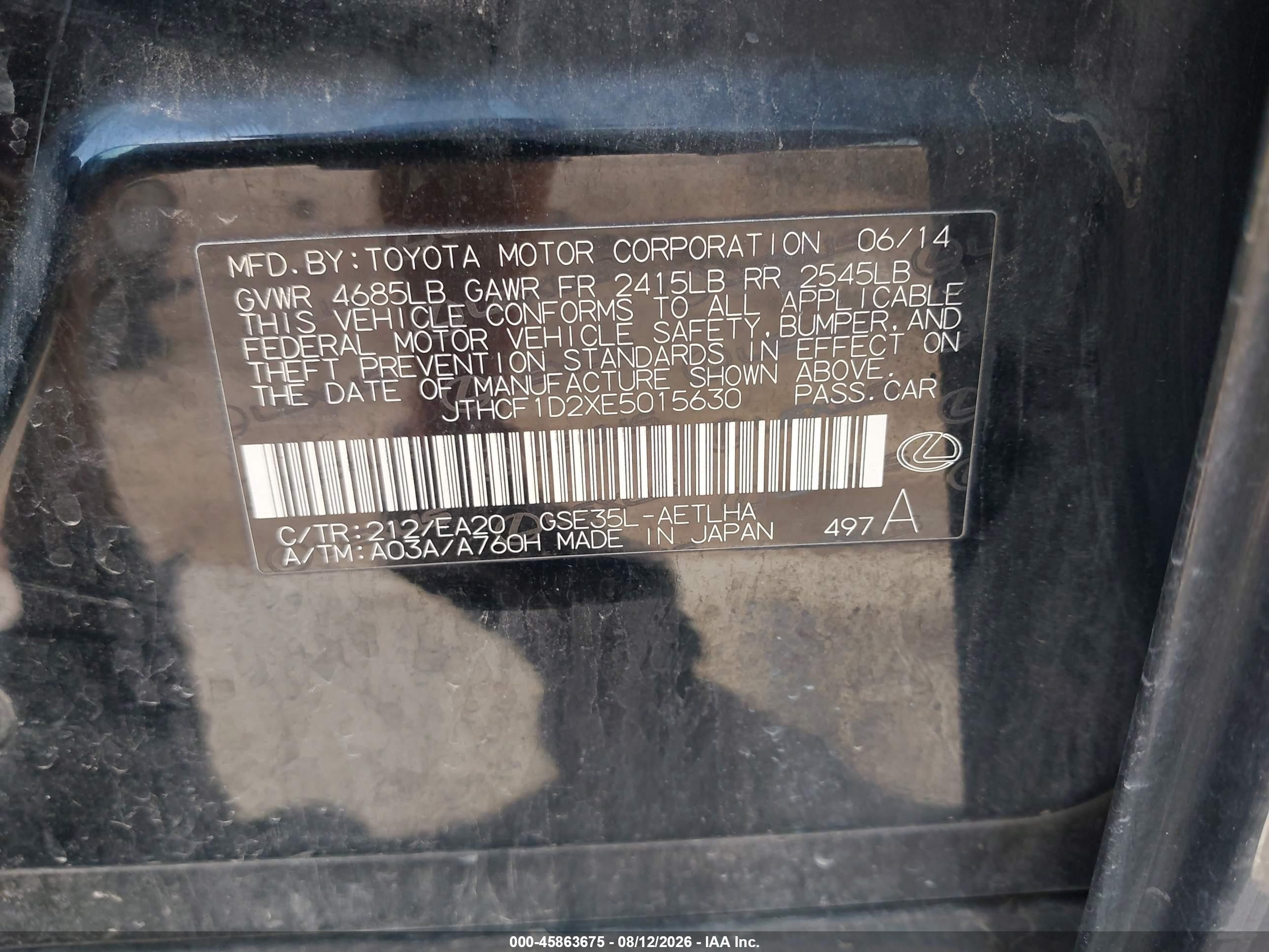 2014 Lexus Is 250   Черный vin: JTHCF1D2XE5015630