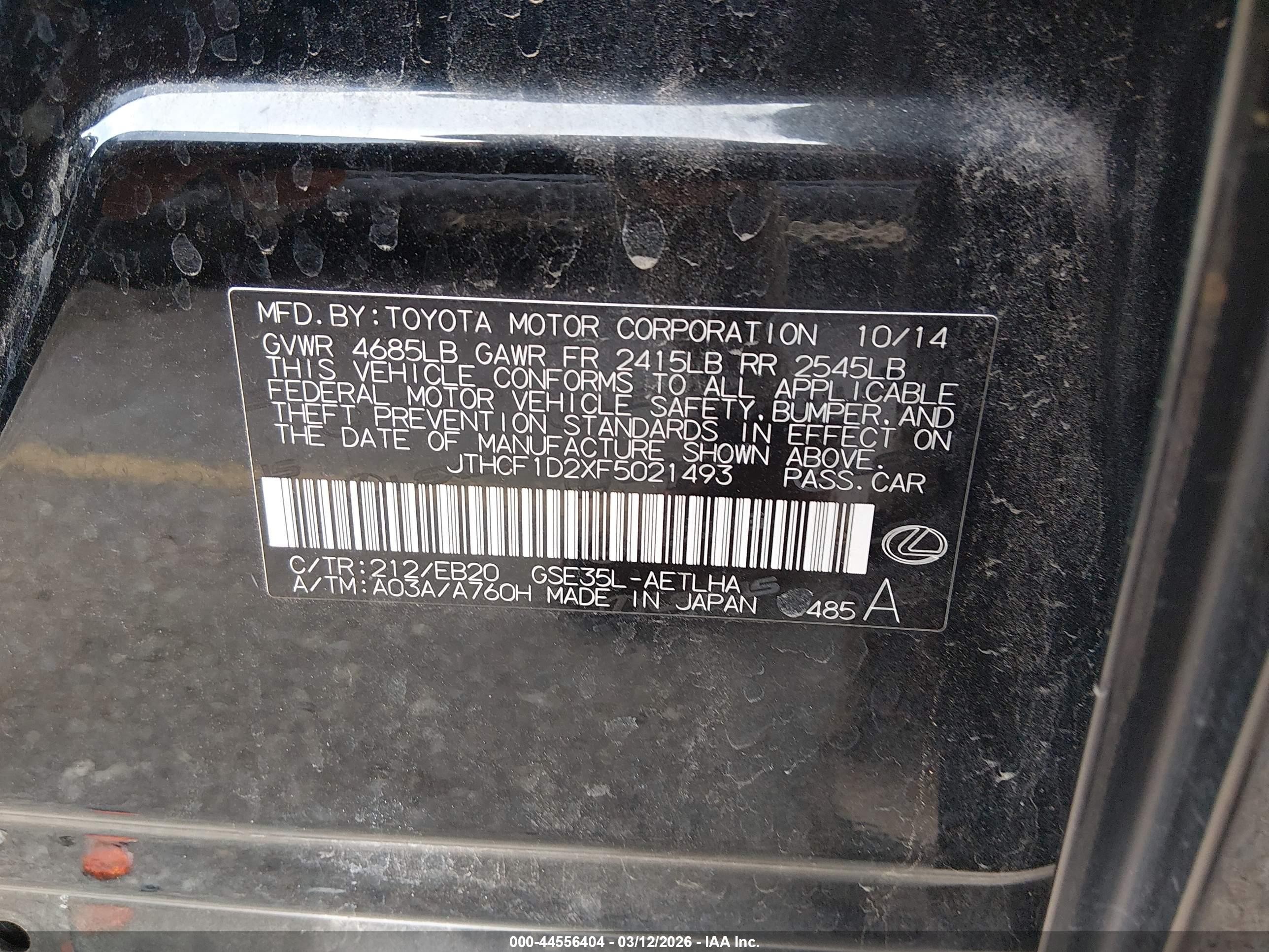 2015 Lexus Is 250   Black vin: JTHCF1D2XF5021493