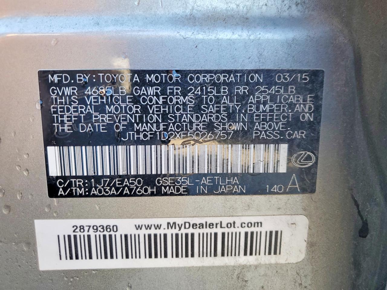 2015 Lexus Is 250 Silver vin: JTHCF1D2XF5026757