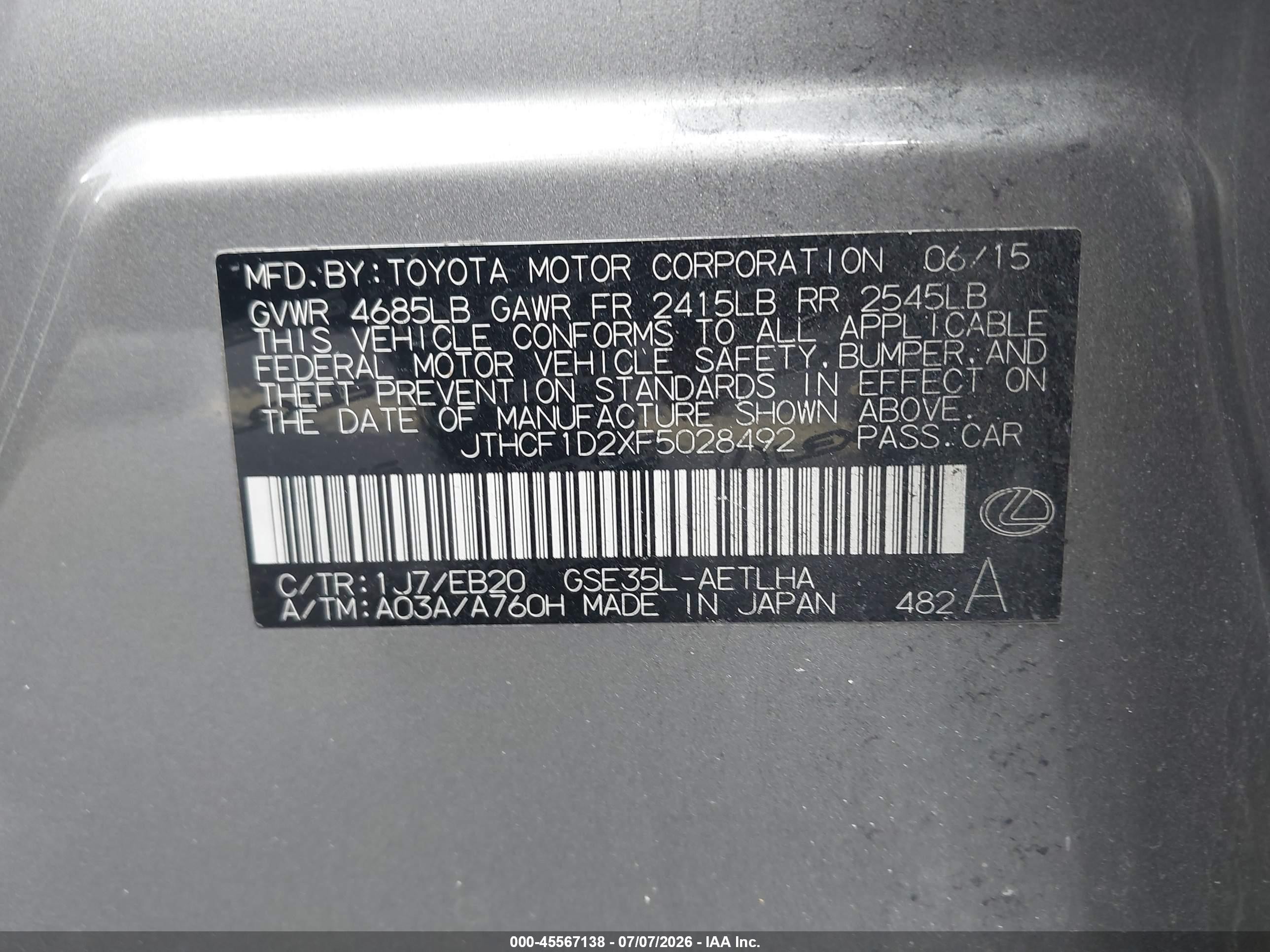 2015 Lexus Is 250   Gray vin: JTHCF1D2XF5028492
