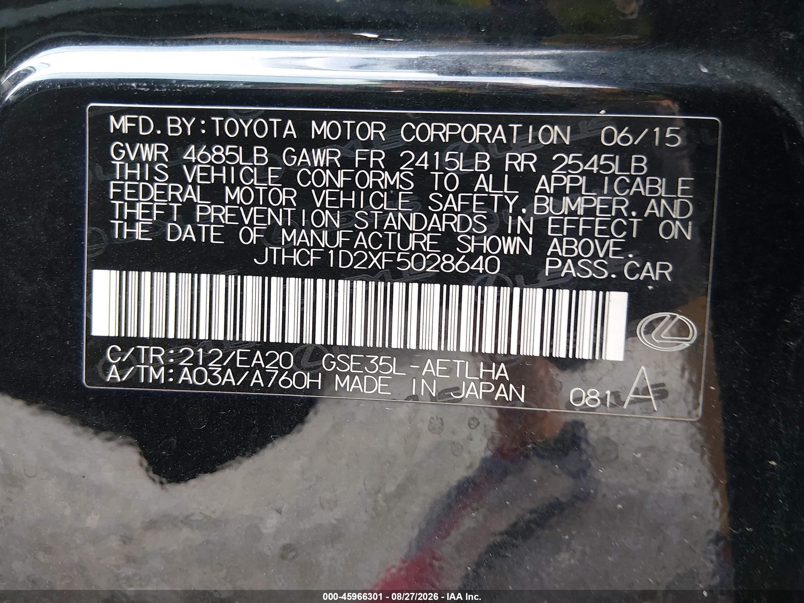 2015 Lexus Is 250 Black vin: JTHCF1D2XF5028640