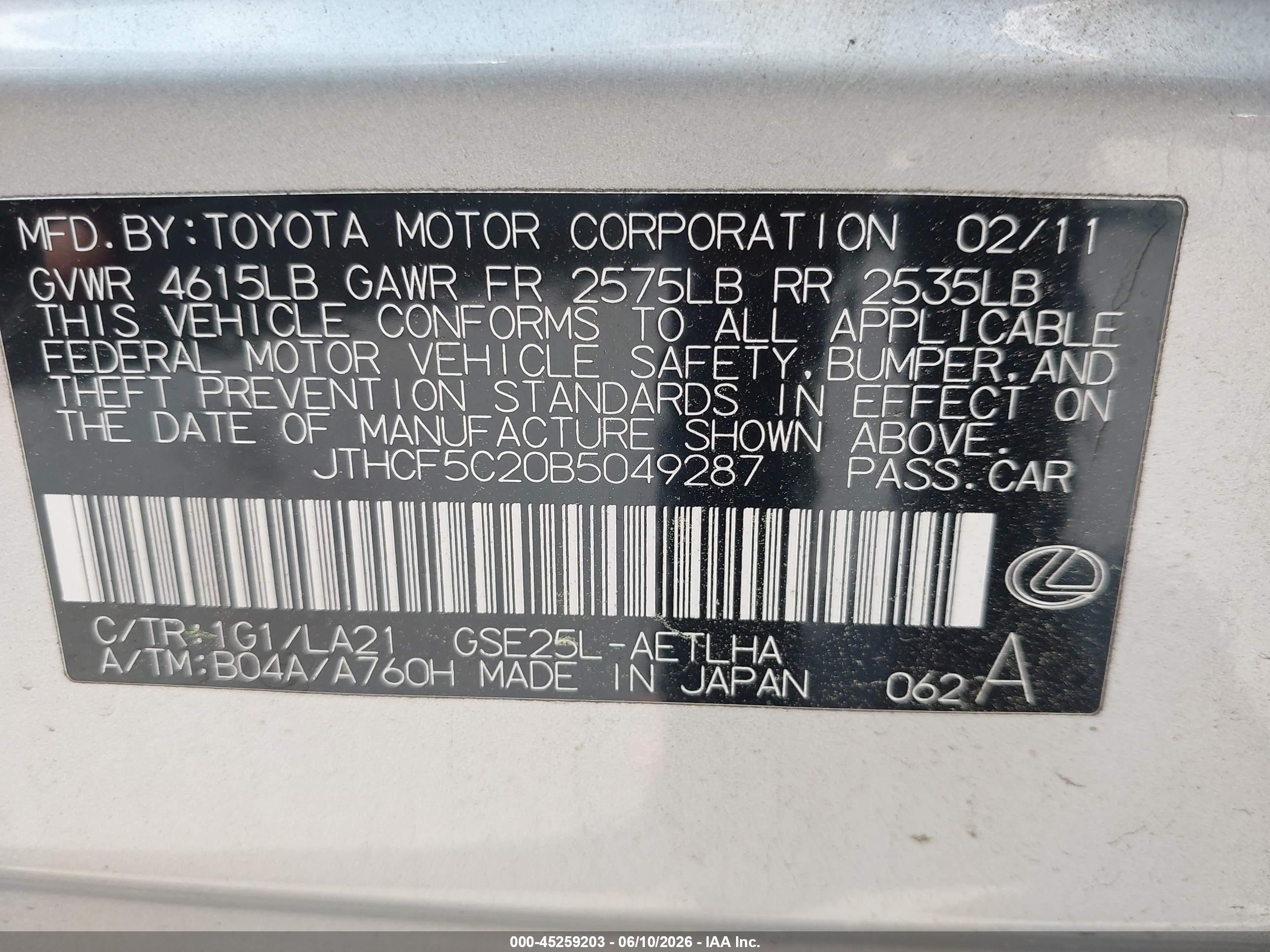 2011 Lexus Is 250   Silver vin: JTHCF5C20B5049287