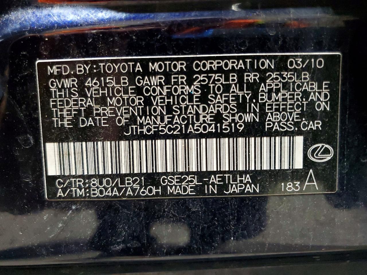 2010 Lexus Is 250 Blue vin: JTHCF5C21A5041519