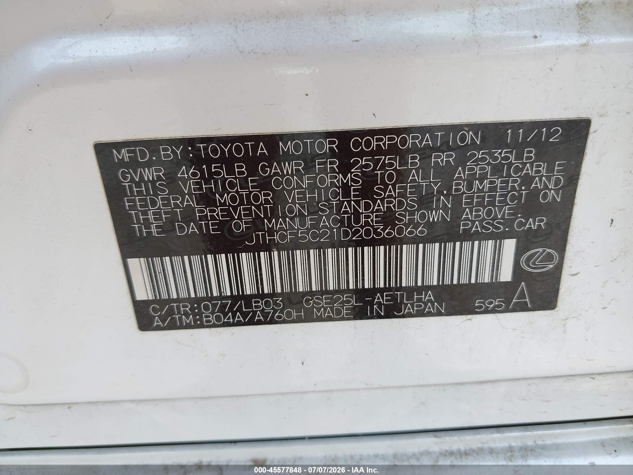 2013 Lexus Is 250   White vin: JTHCF5C21D2036066