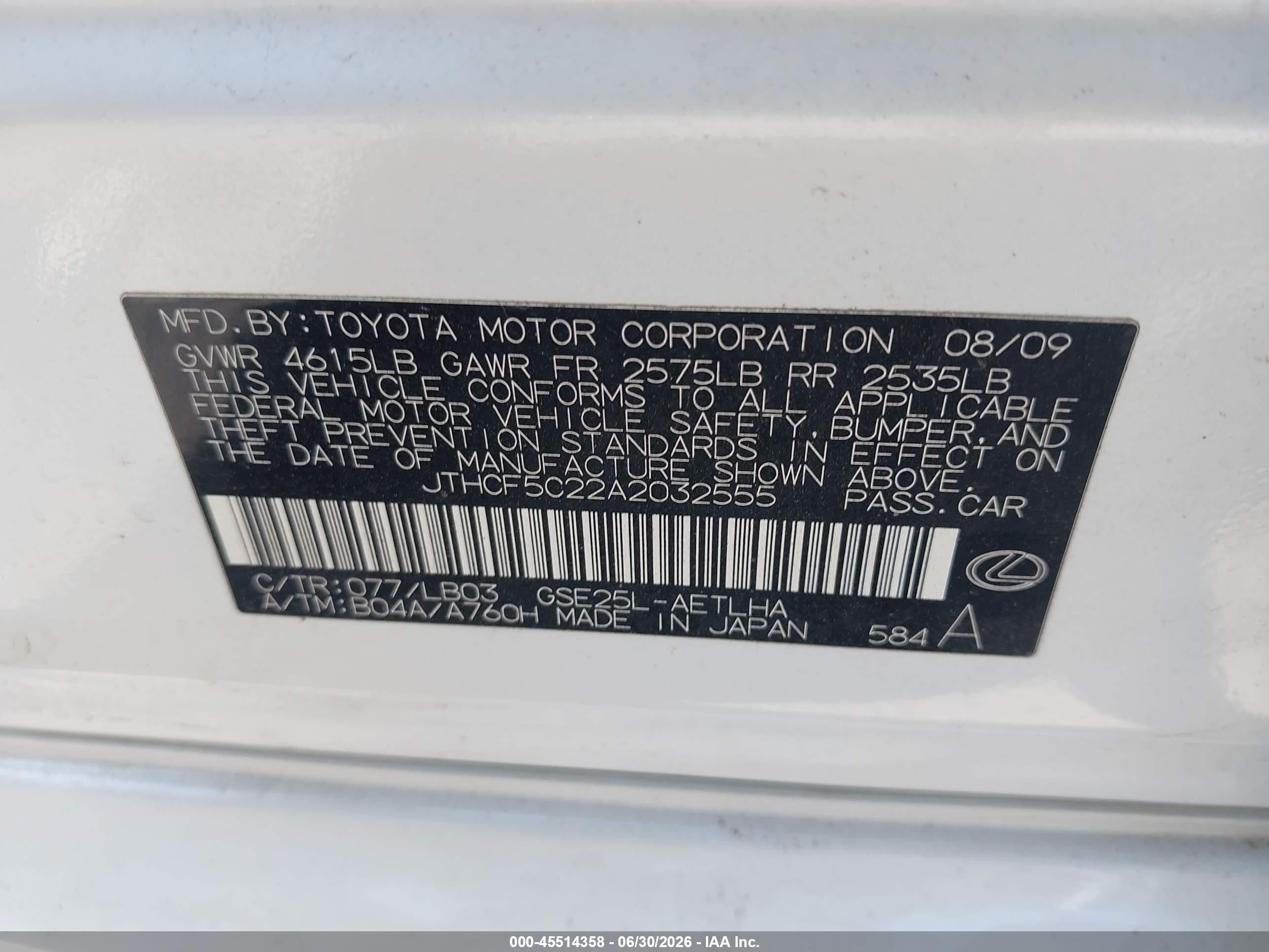 2010 Lexus Is 250   White vin: JTHCF5C22A2032555