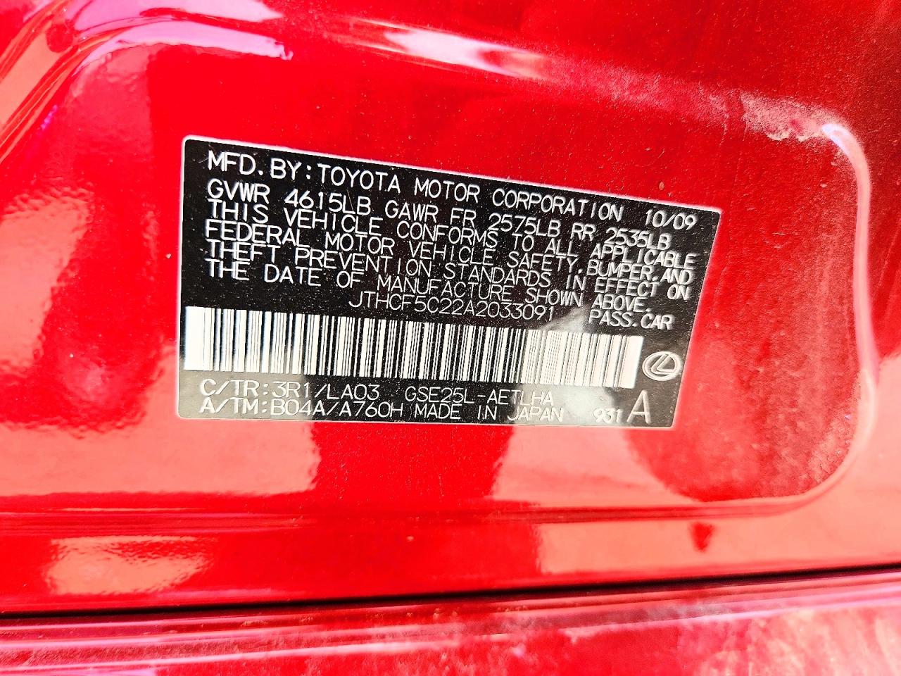 2010 Lexus Is 250 Red vin: JTHCF5C22A2033091