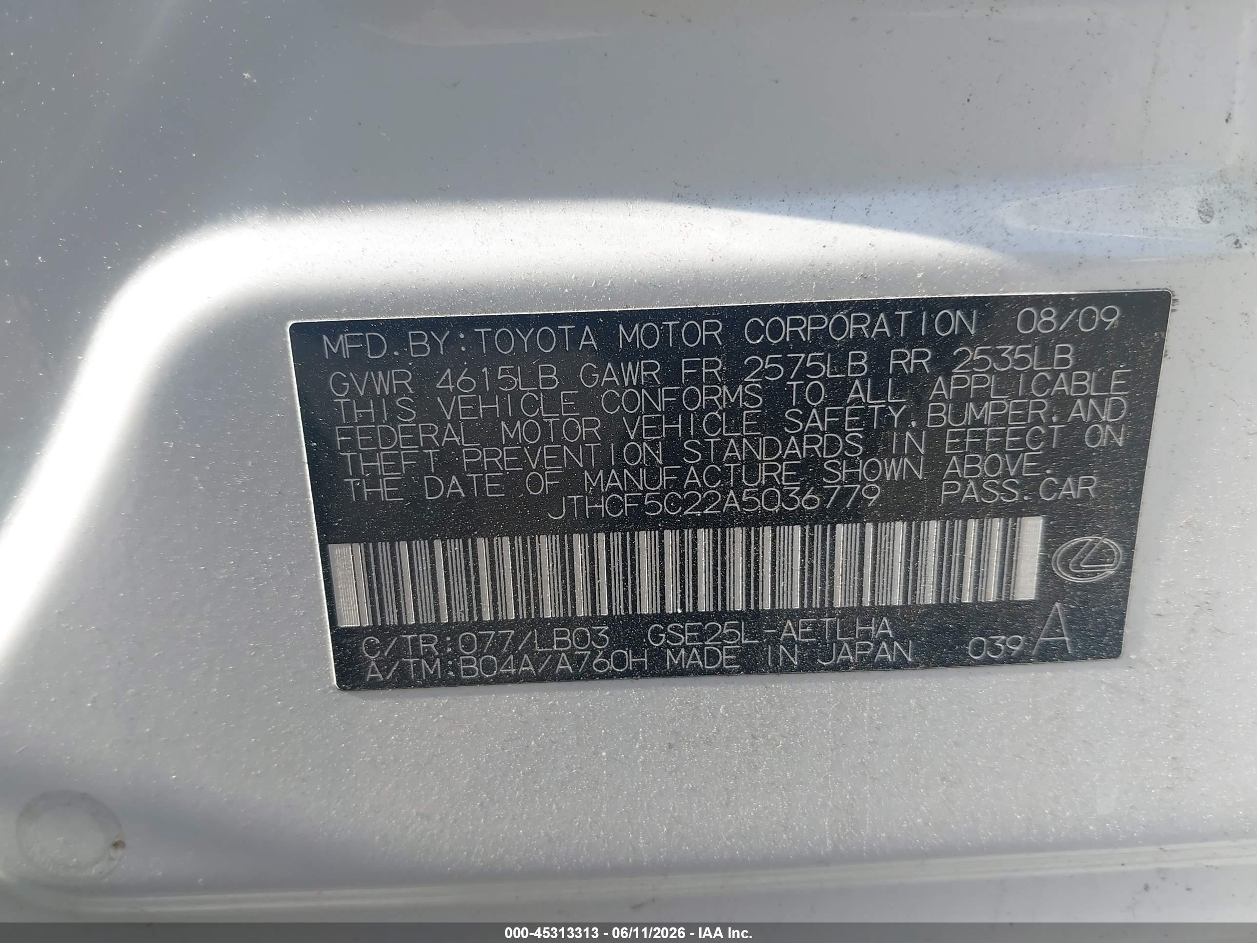 2010 Lexus Is 250   White vin: JTHCF5C22A5036779