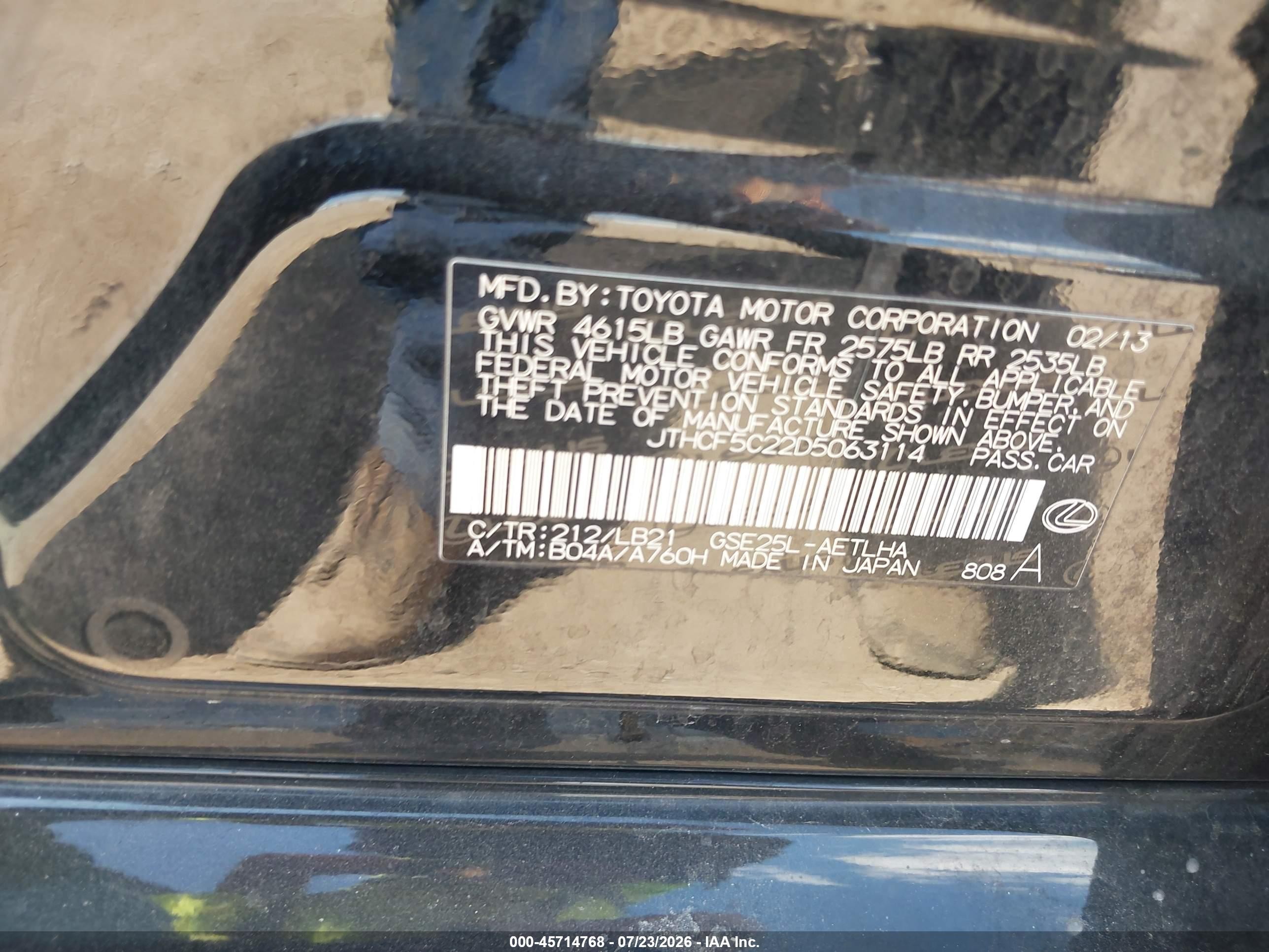 2013 Lexus Is 250   Black vin: JTHCF5C22D5063114