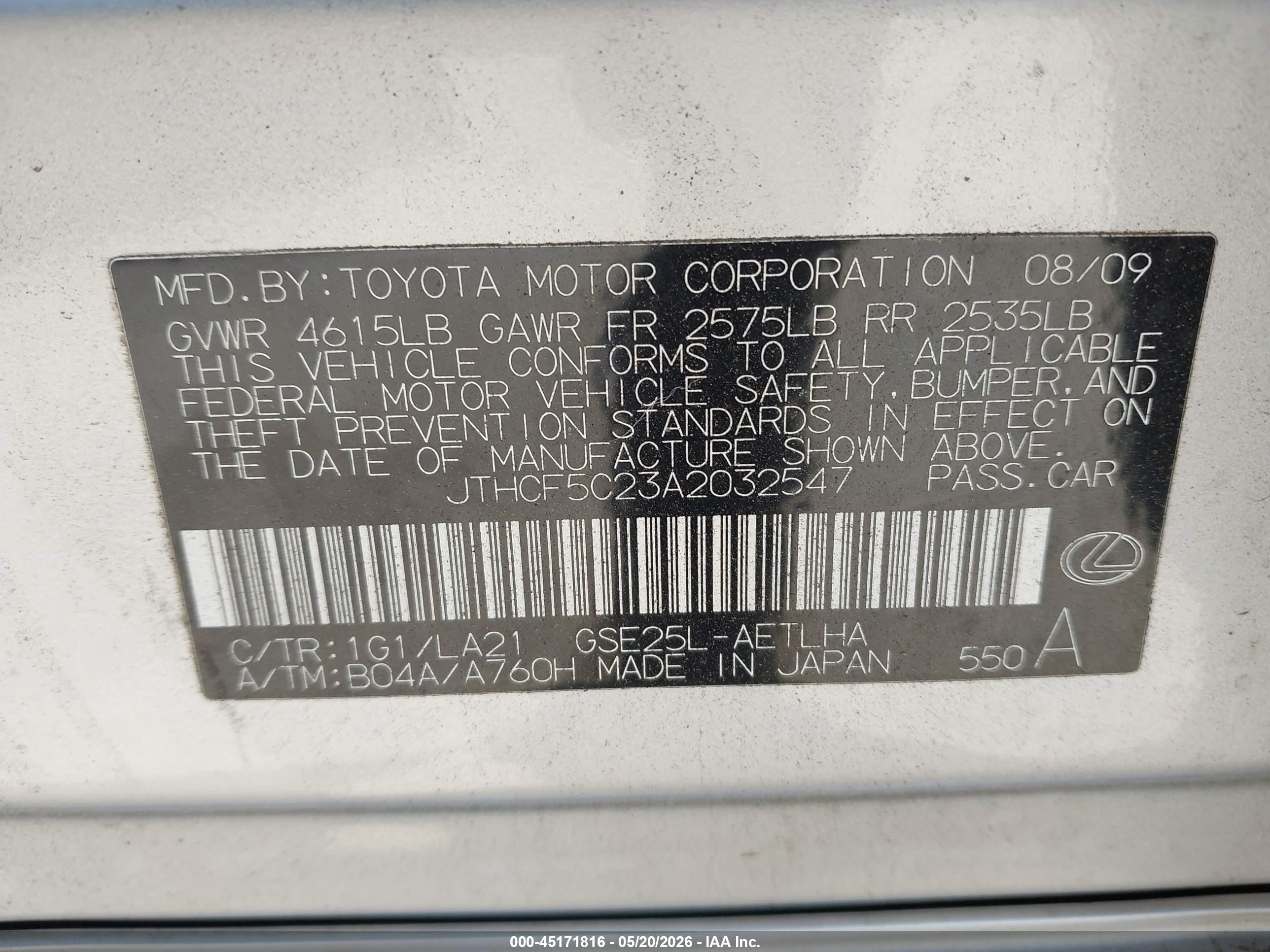 2010 Lexus Is 250   Silver vin: JTHCF5C23A2032547