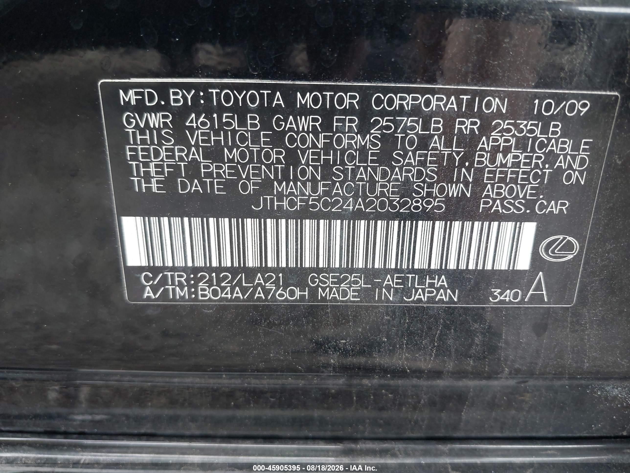 2010 Lexus Is 250   Black vin: JTHCF5C24A2032895