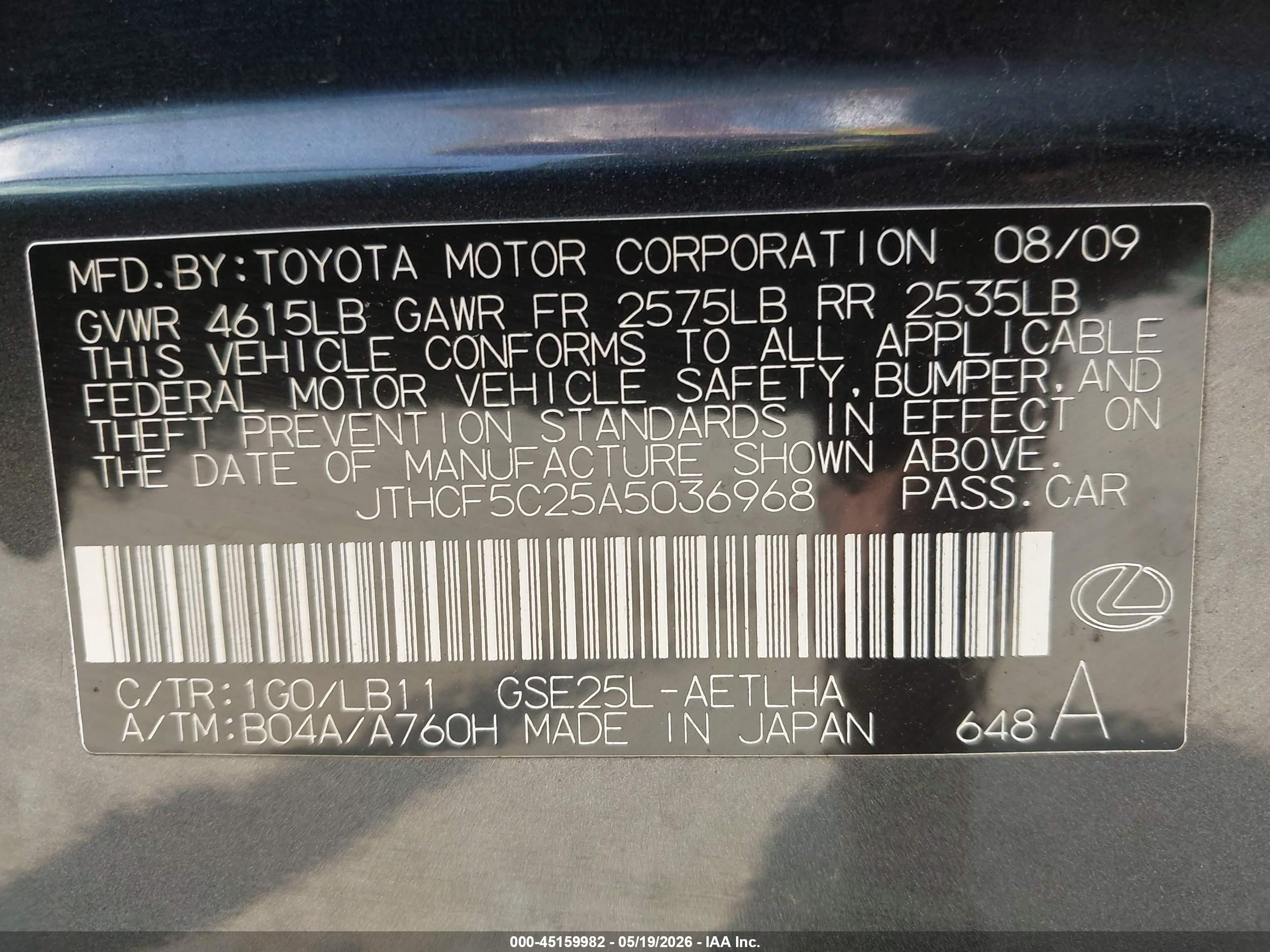 2010 Lexus Is 250 Black vin: JTHCF5C25A5036968