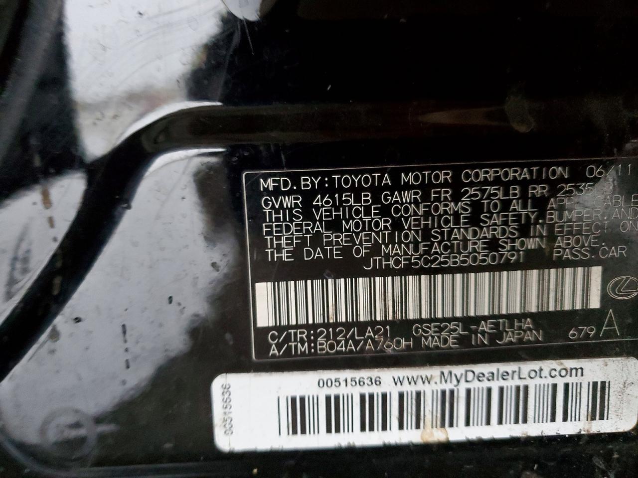 2011 Lexus Is 250 Black vin: JTHCF5C25B5050791