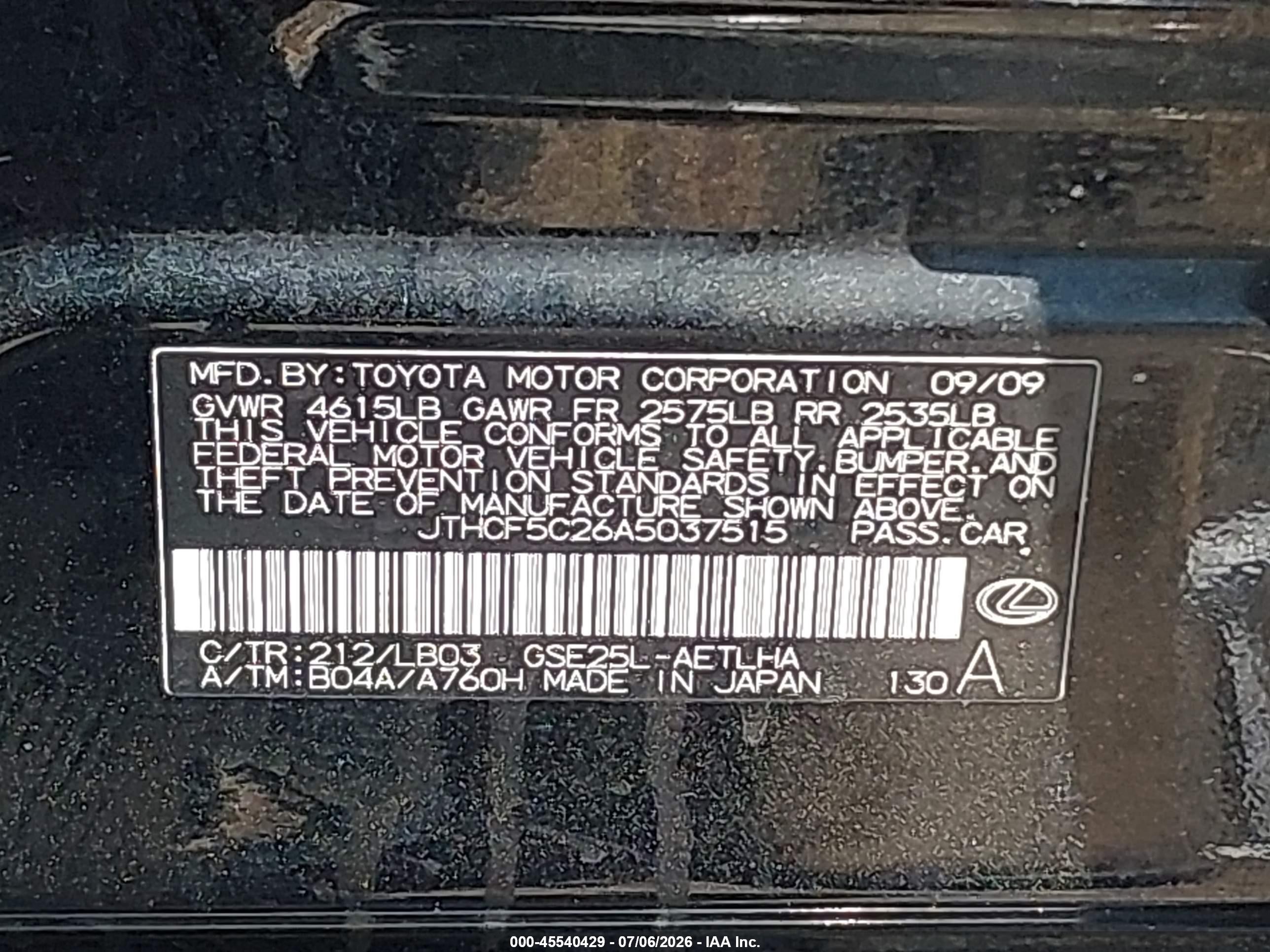 2010 Lexus Is 250   Black vin: JTHCF5C26A5037515