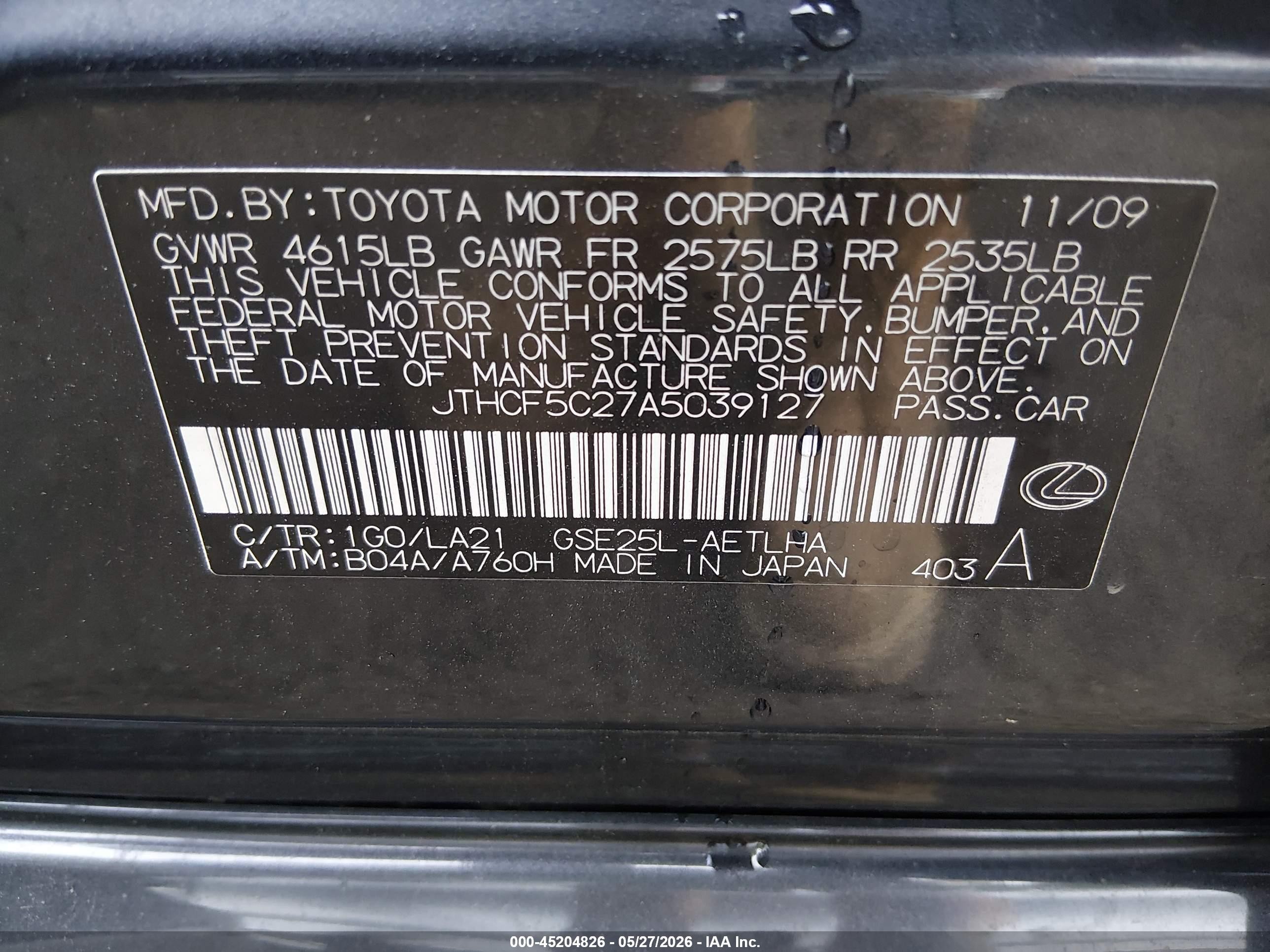 2010 Lexus Is 250   Black vin: JTHCF5C27A5039127