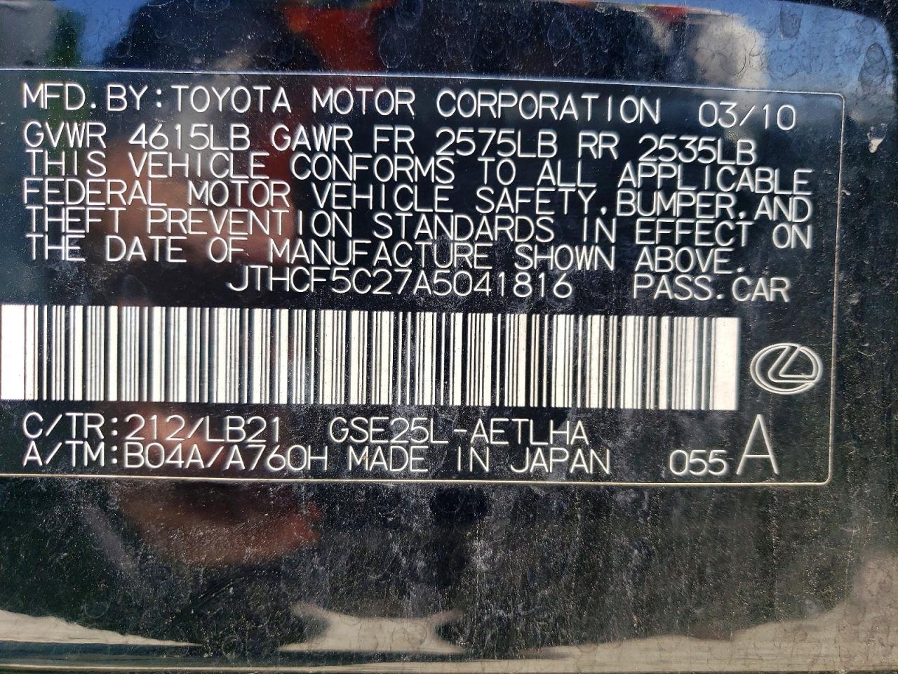 2010 Lexus Is 250 Black vin: JTHCF5C27A5041816
