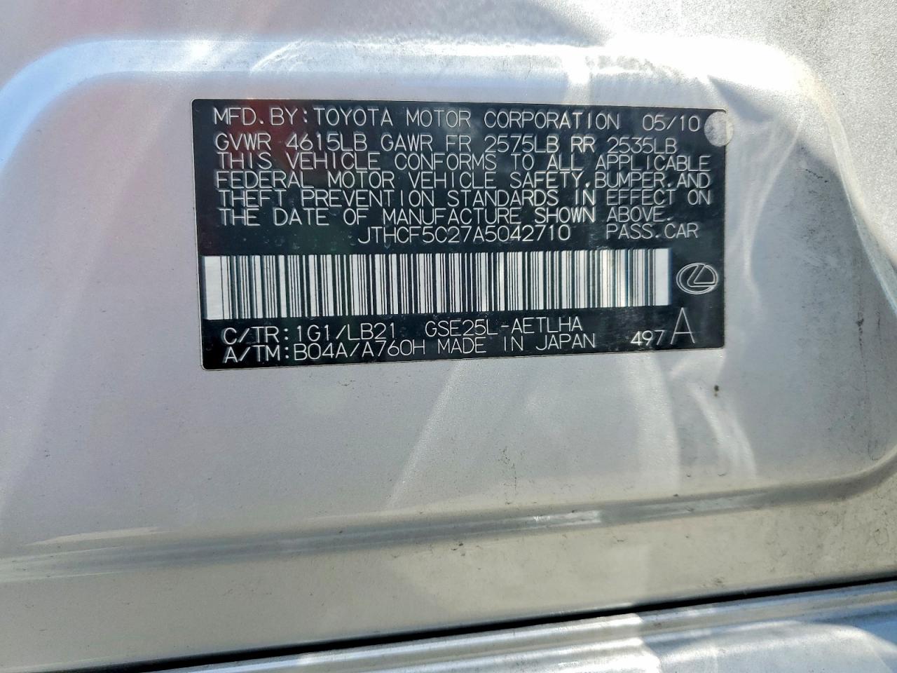2010 Lexus Is 250 Silver vin: JTHCF5C27A5042710