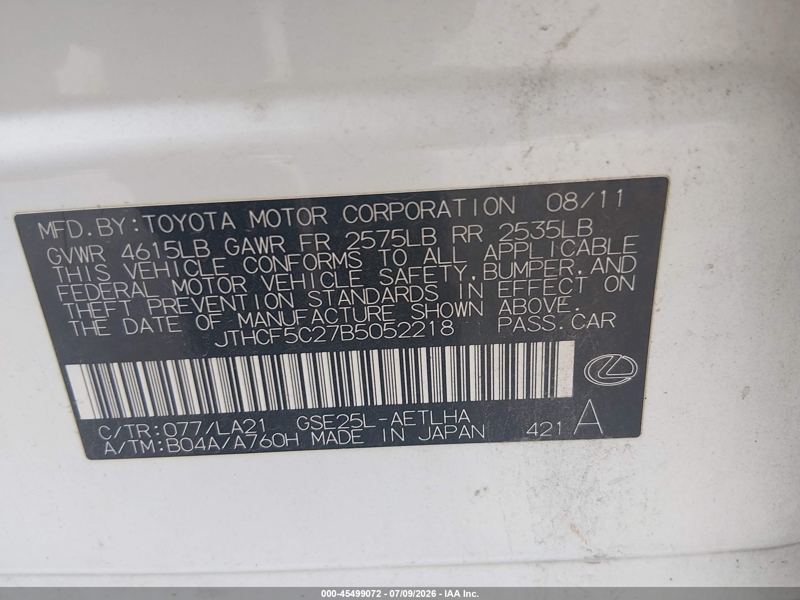 2011 Lexus Is 250   White vin: JTHCF5C27B5052218