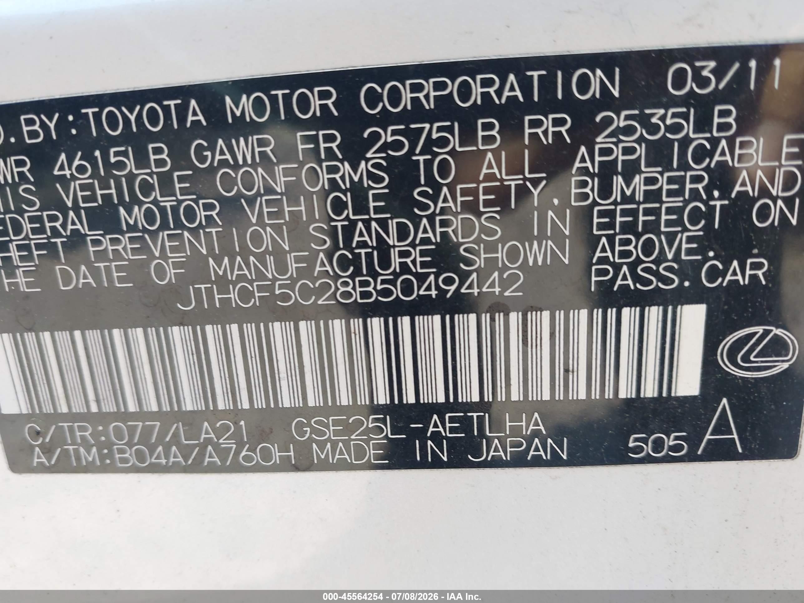 2011 Lexus Is 250   White vin: JTHCF5C28B5049442