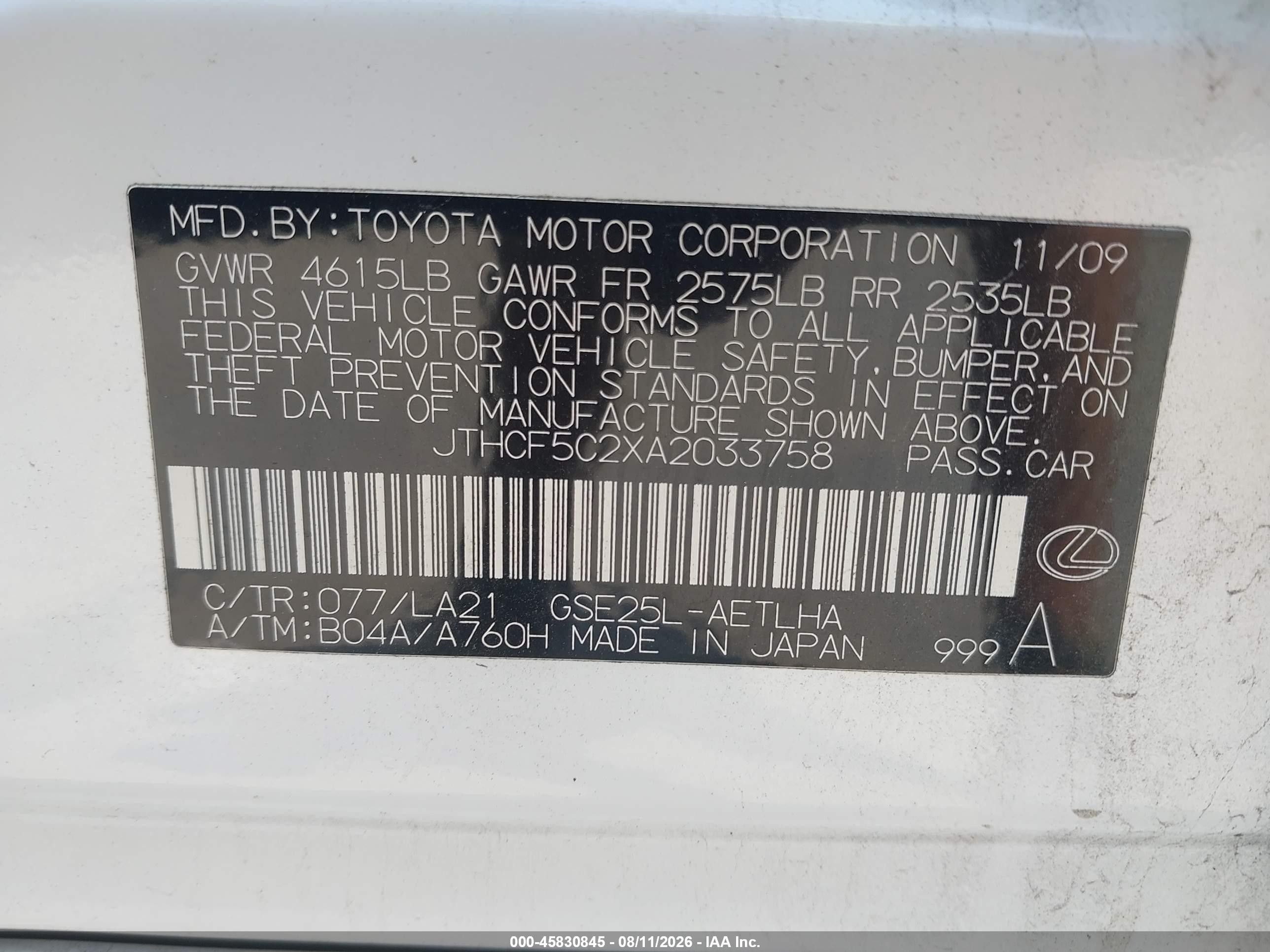 2010 Lexus Is 250   White vin: JTHCF5C2XA2033758