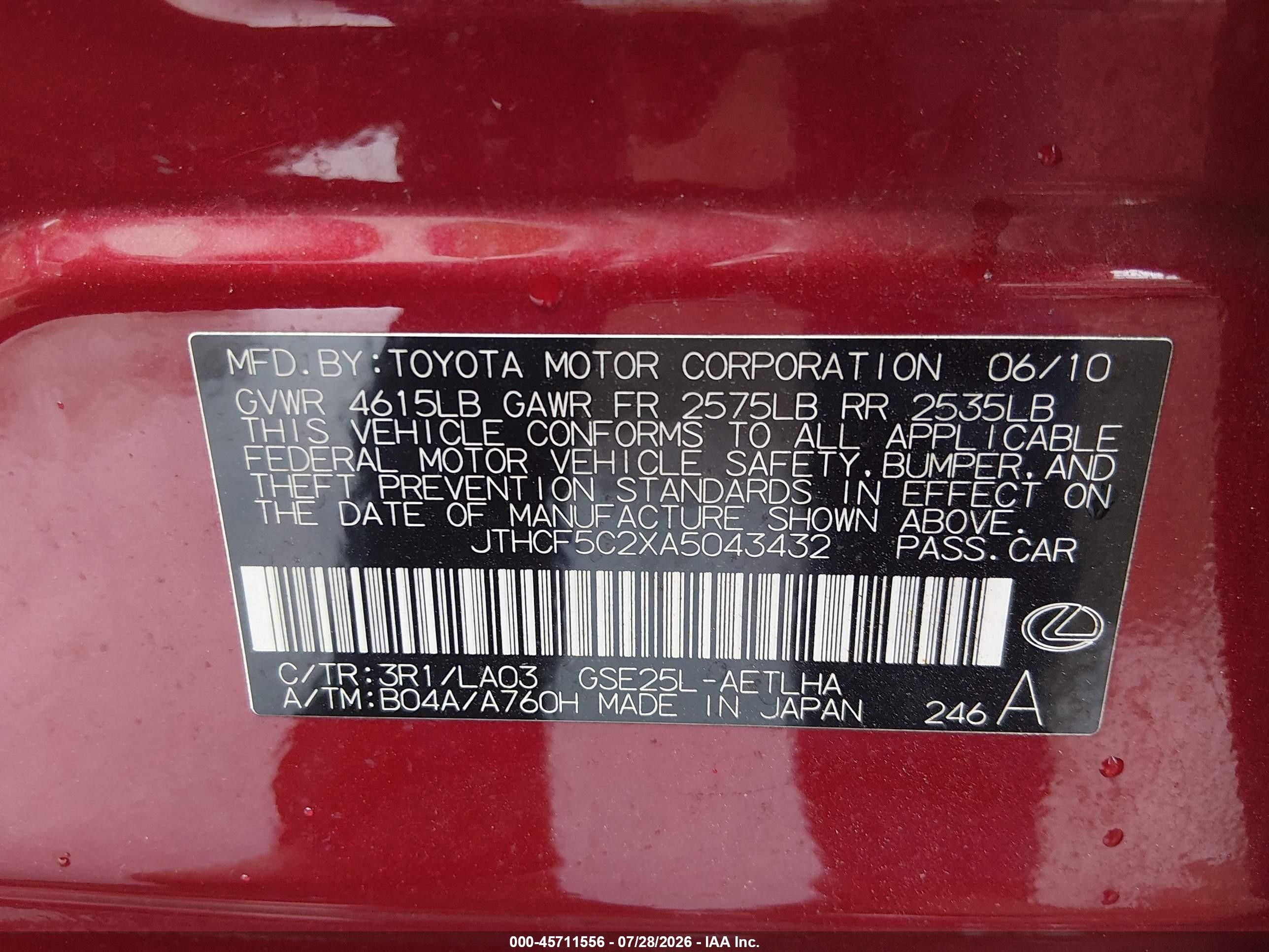 2010 Lexus Is 250   Red vin: JTHCF5C2XA5043432