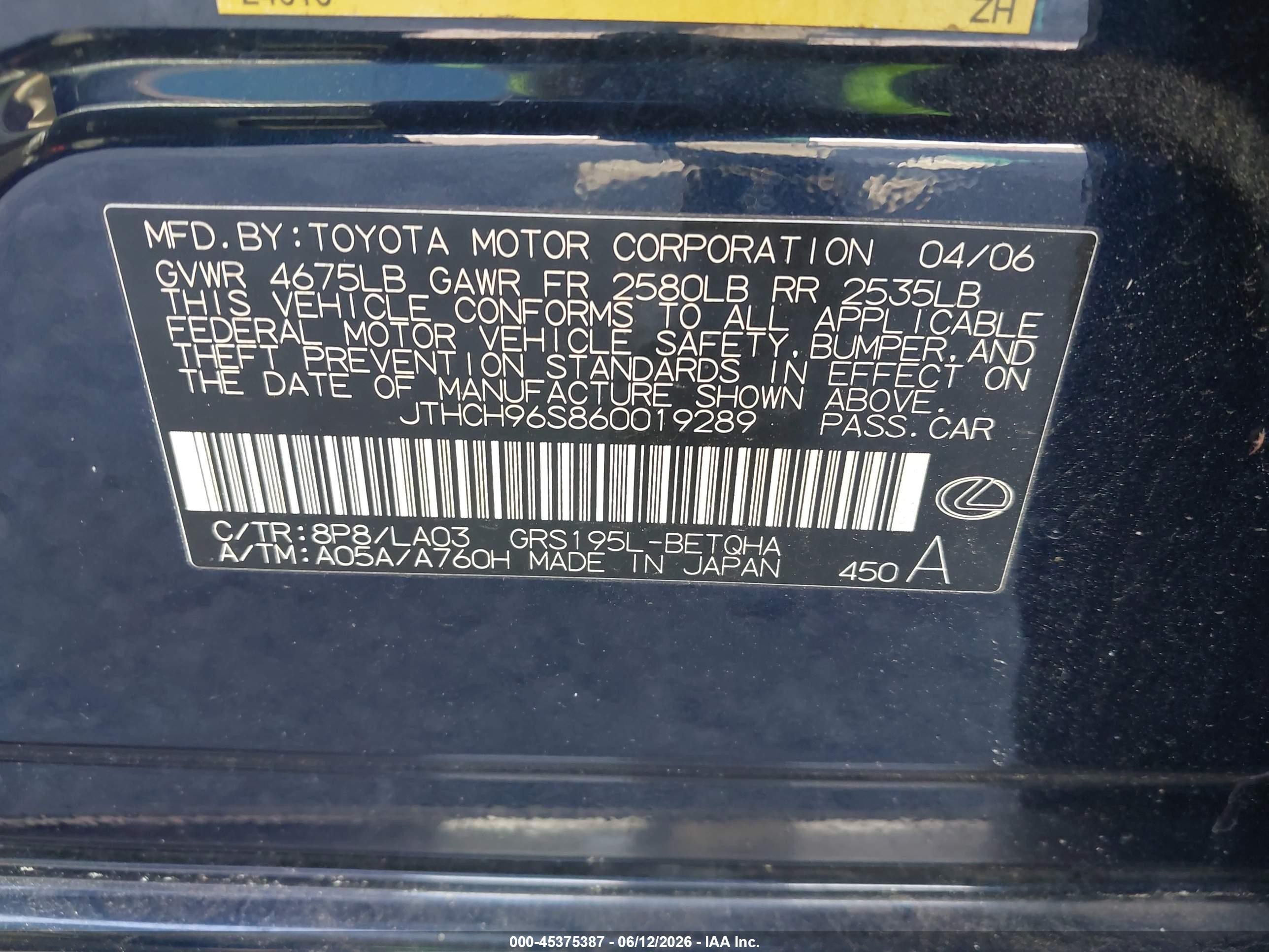 2006 Lexus Gs 300 Dark Blue vin: JTHCH96S860019289