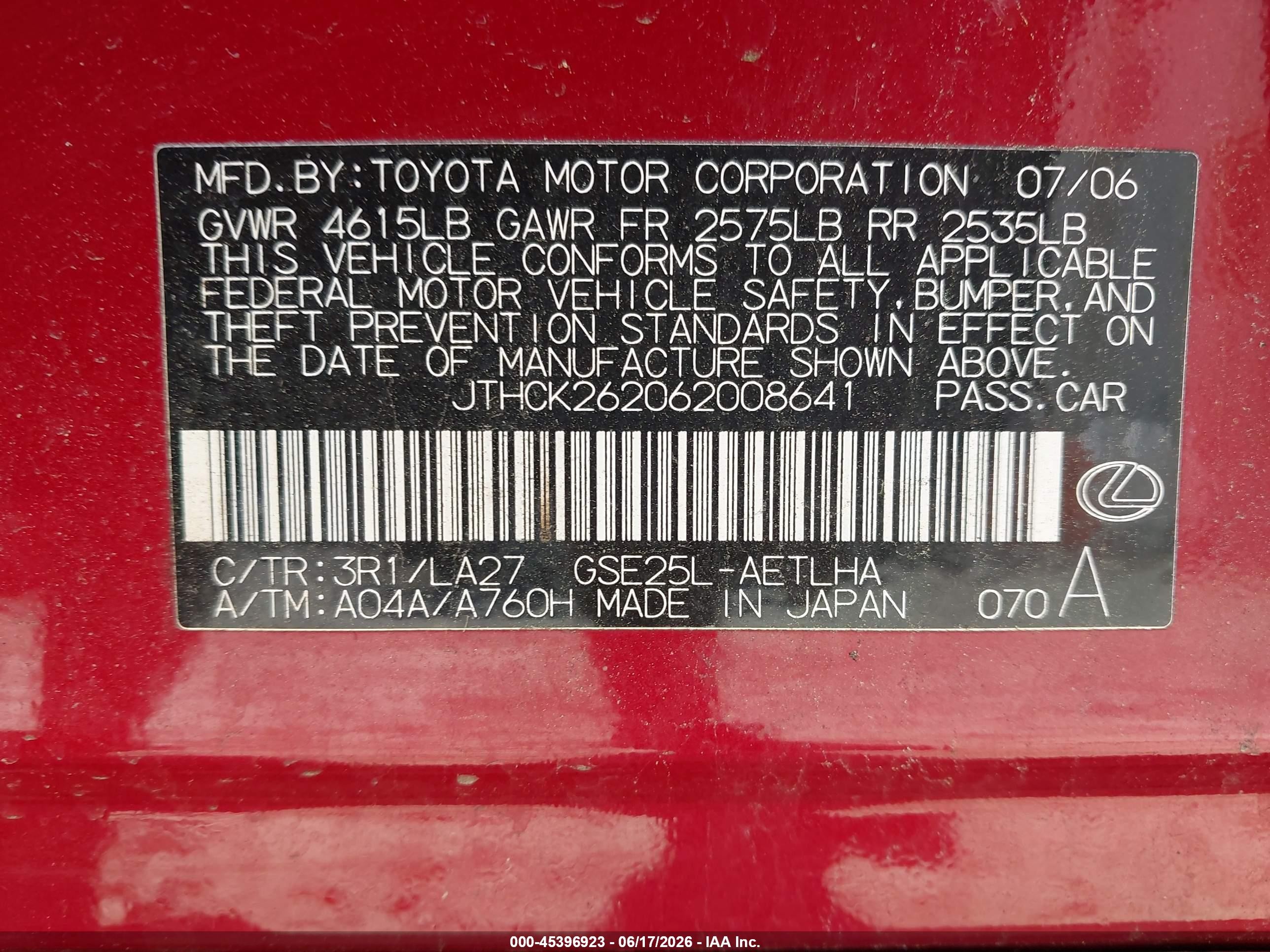 2006 Lexus Is 250   Burgundy vin: JTHCK262062008641