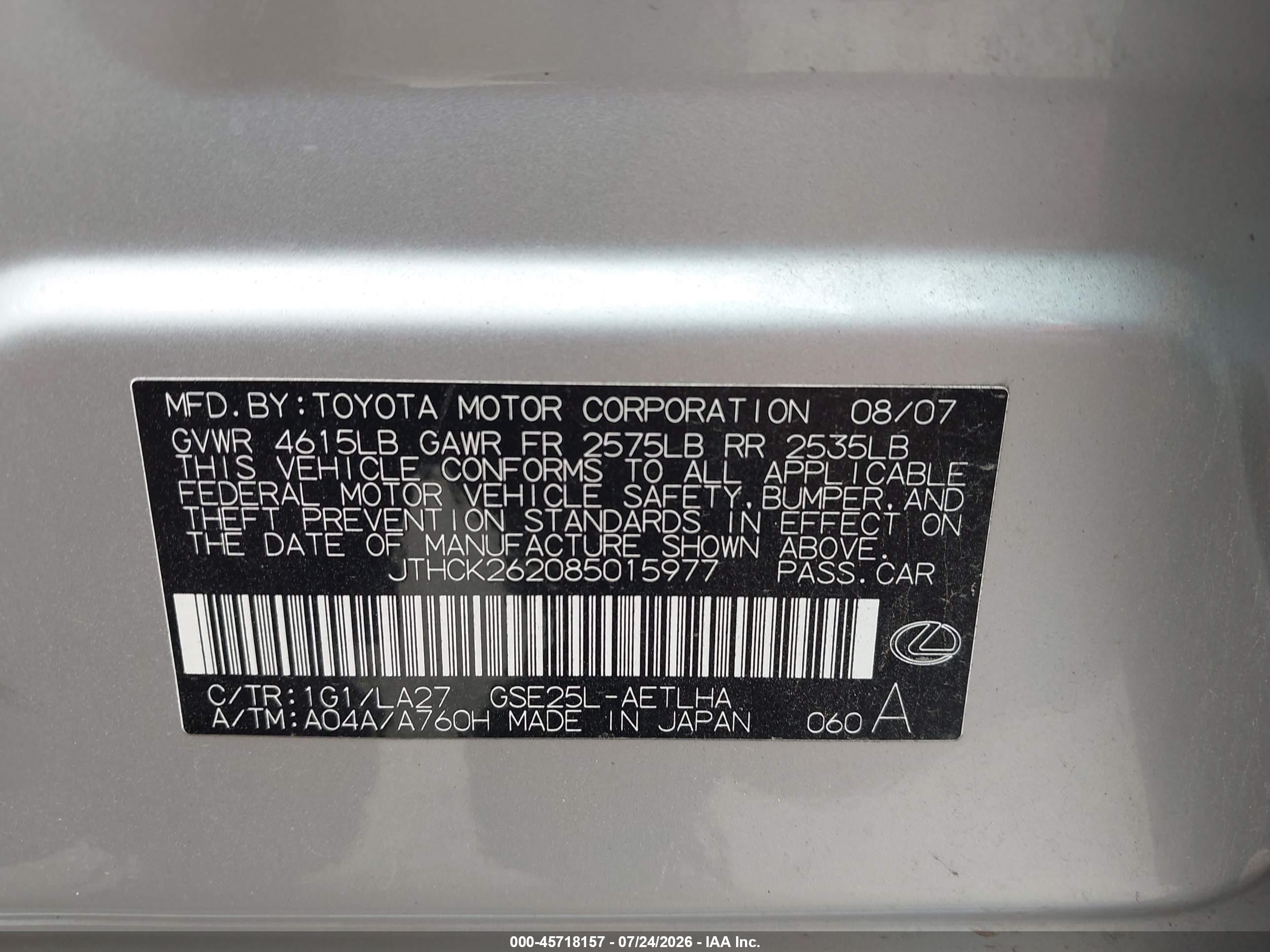 2008 Lexus Is 250   Silver vin: JTHCK262085015977