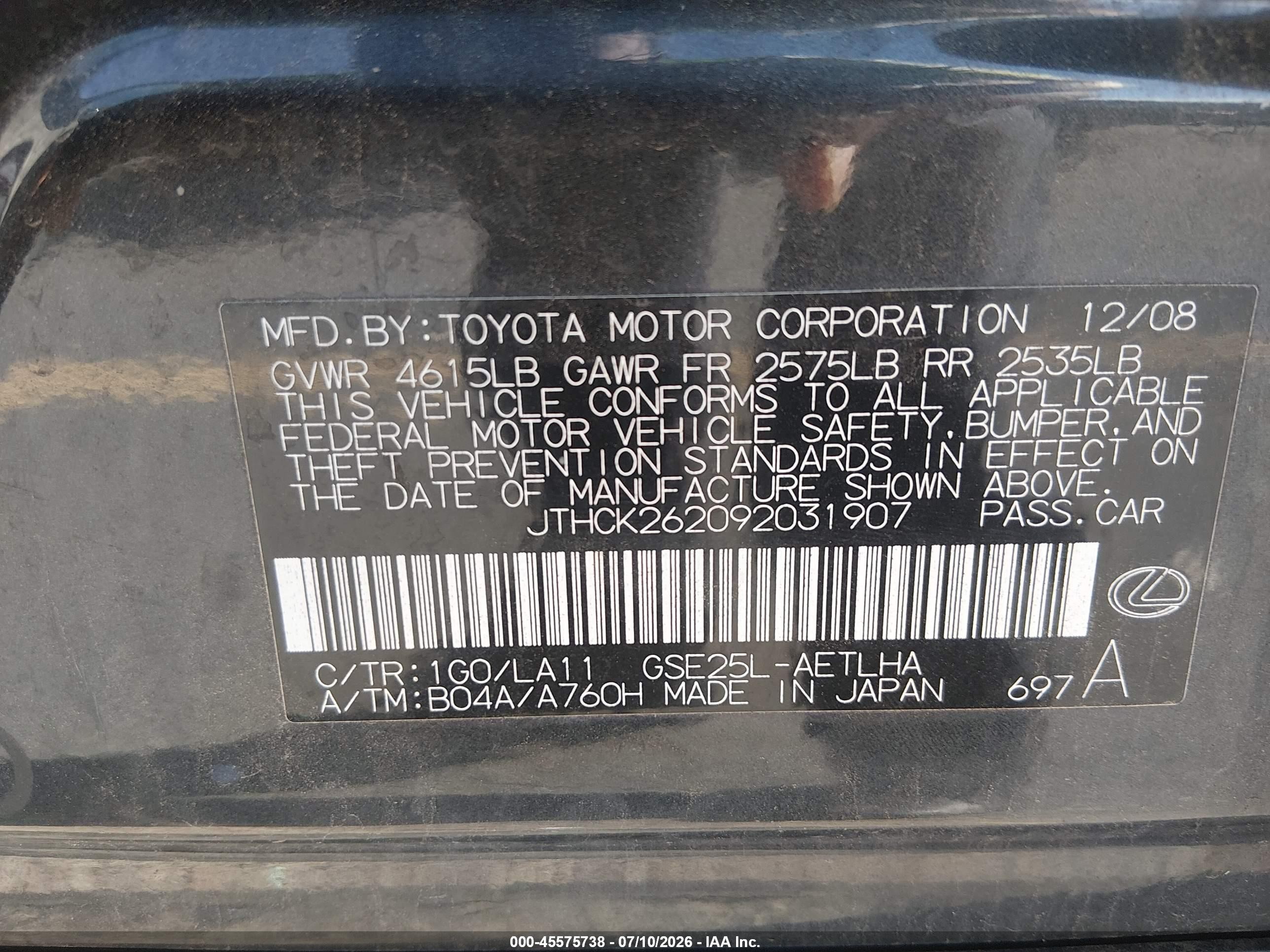 2009 Lexus Is 250   Gray vin: JTHCK262092031907